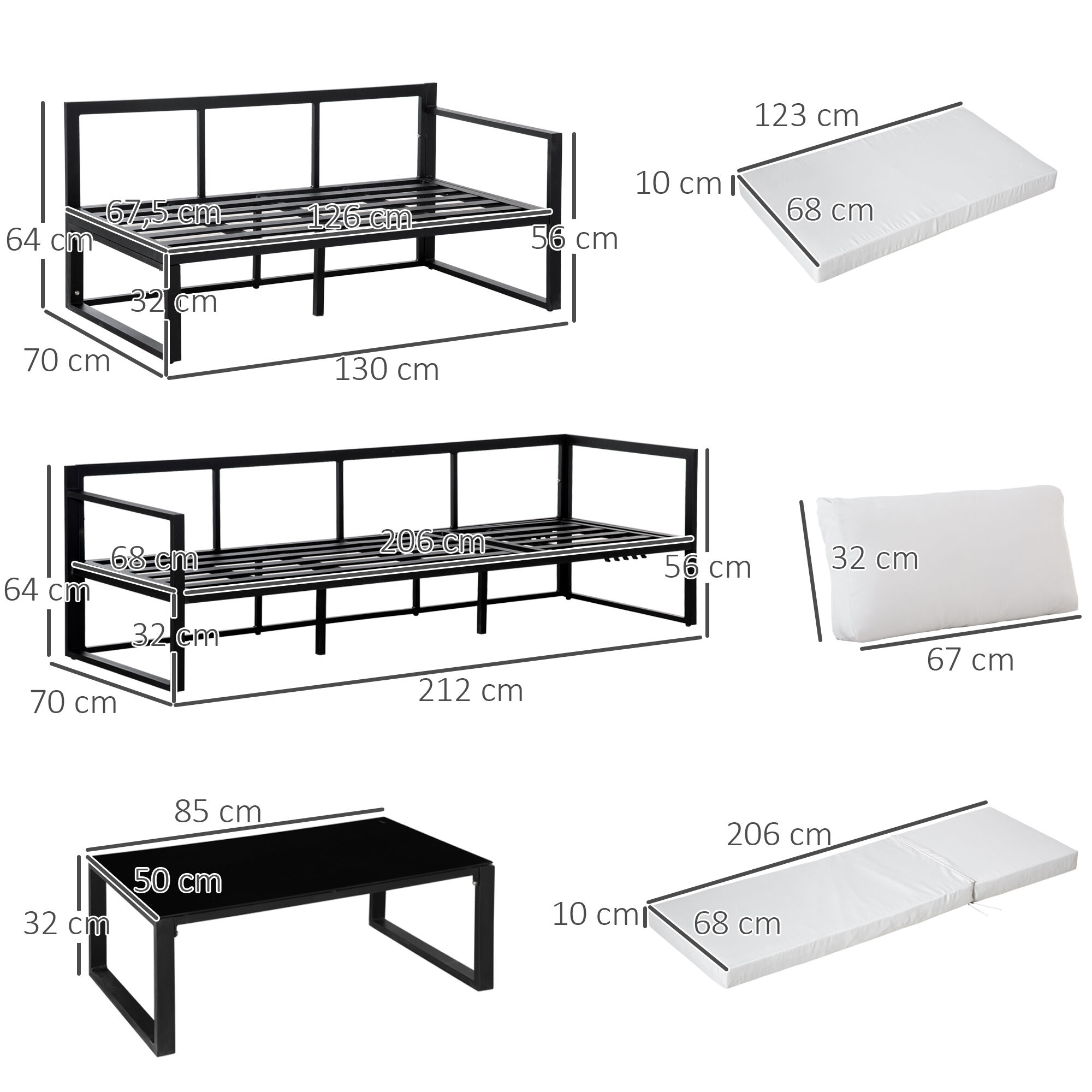 Outsunny Conjunto de Muebles de Jard&iacute;n 3 Piezas de Aluminio Juego de Muebles con Mesa de Vidrio Sof&aacute; de 5 Plazas con Respaldo Ajustable y Cojines Extra&iacute;bles 212x70x64 cm Negro y Gris, , large Imagen numero 3