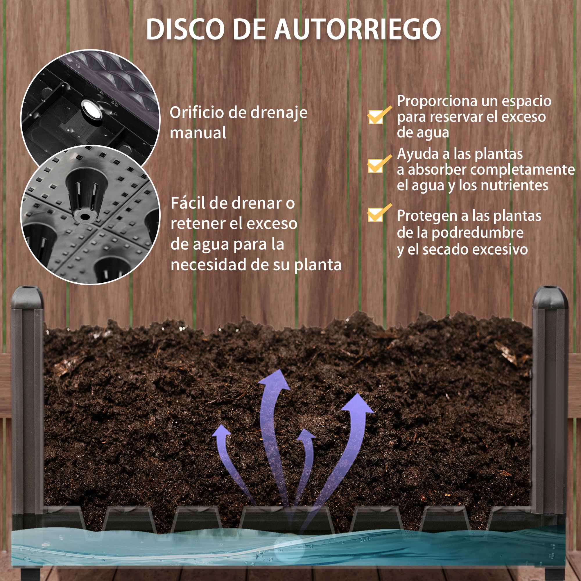 Outsunny Jardinera de Pl&aacute;stico con Ruedas Macetero de Jard&iacute;n con Agujeros de Drenaje para Cultivo de Plantas en Exterior Patio Terraza 50x50x33 cm Marr&oacute;n, , large Imagen numero 5