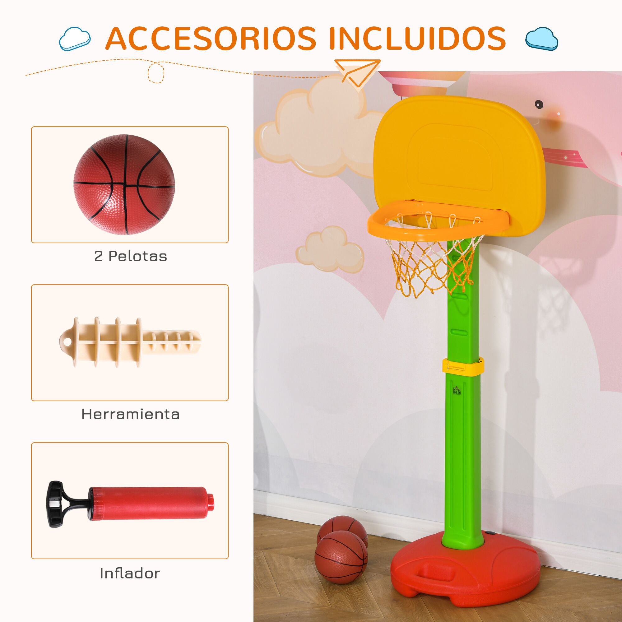 HOMCOM Canasta de Baloncesto Infantil multicolor con Altura Ajustable para ni&ntilde;os, , large Imagen numero 5