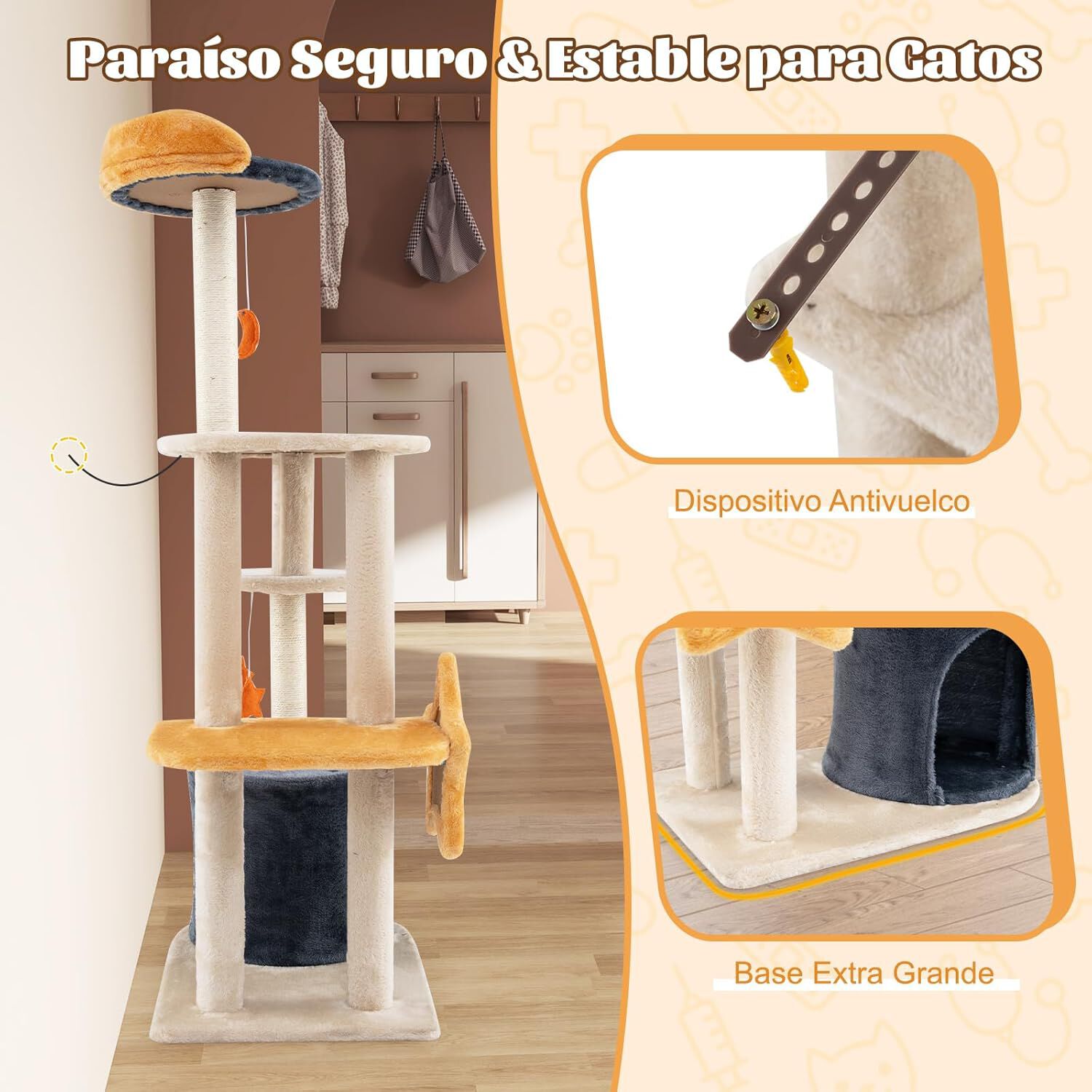 COSTWAY &Aacute;rbol para Gatos de 128 cm, Torre para Gatos con Postes Rascadores de Sisal, Condominio, Plataforma de Felpa, Juguetes Colgantes, &Aacute;rbol Rascador para Gatos, Beige y Gris Oscuro y Naranja, , large Imagen numero 4