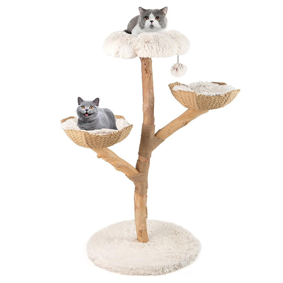 COSTWAY Rascador para Gatos, Árbol para Gatito Moderno de Madera Maciza, 122 cm Torre Gatos Rascador con Plataforma Forma de Flores, 2 Nidos con Cojines, Poste de Yute, Bola Colgante, Blanco y Natural thumbnail