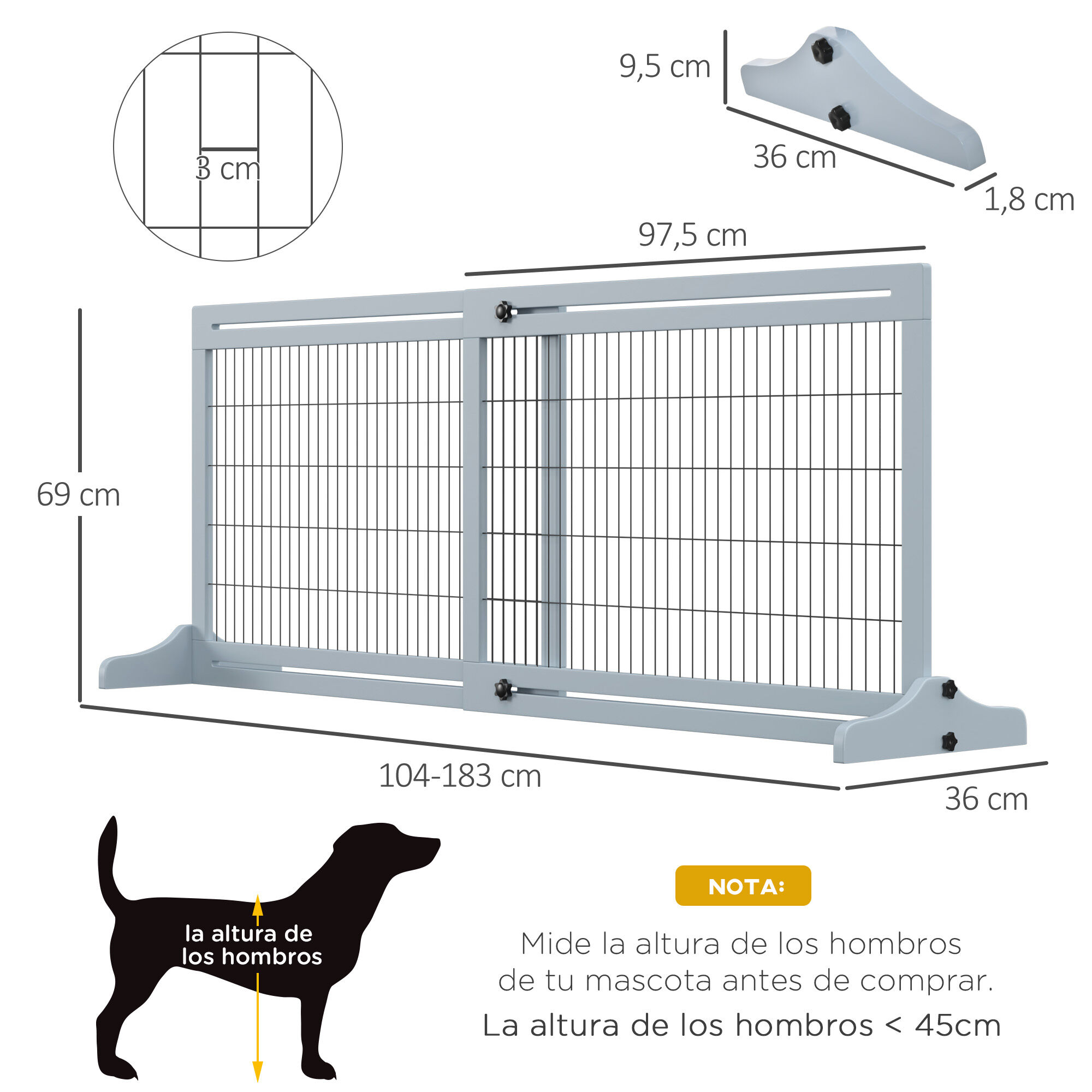 PawHut Barrera de Seguridad para Perros Extensible Barrera para Perros en Casa de Madera para Puerta Escalera Pasillo 104-183x36x69 cm Gris, , large Imagen numero 3