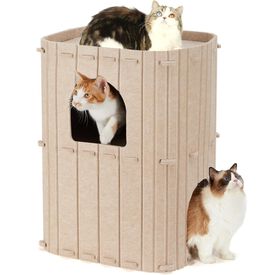 Fukumaru Cueva para Gatos de 2 Pisos en Color Beige | Casa Multinivel para Varios Gatos, de Lana Natural, Dise&ntilde;o Moderno, Estable, Plegable y F&aacute;cil de Limpiar