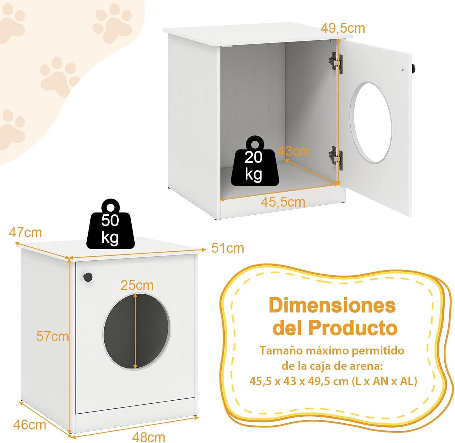 COSTWAY Caja de Arena para Gatos, Mueble para Caja de Arena Oculta para Mascotas, Gran Orificio para Gatos, Almohadillas Antideslizantes de Pie, Muebles de Madera para Salón, 51 x 47 x 57 cm thumbnail