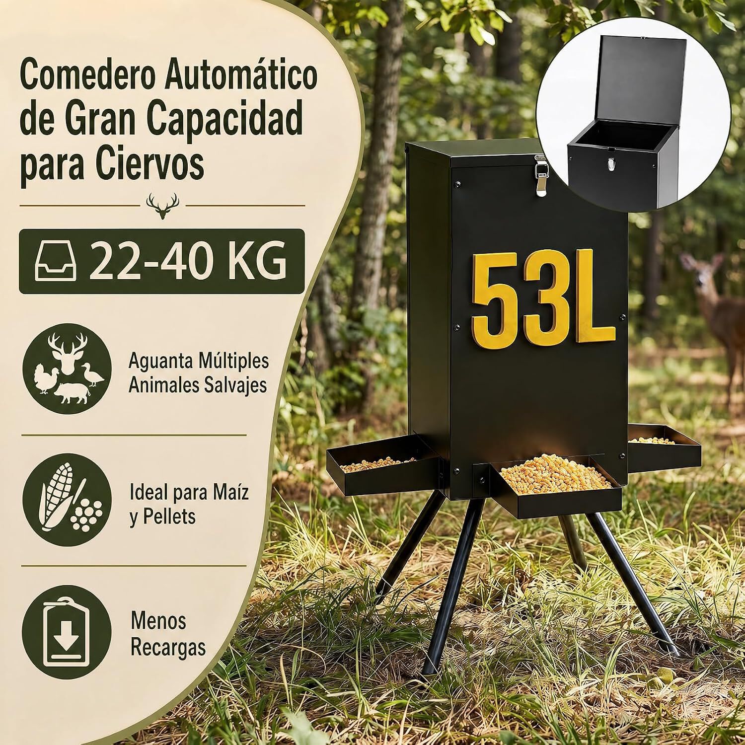COSTWAY 53 L Comedero Autom&aacute;tico para Ciervos, Carga de 22 a 40 kg, Alimentador de Metal Galvanizado con 4 Bandejas de Alimentaci&oacute;n y 4 Patas de Soporte, Dispensador de Comida al Aire Libre, , large Imagen numero 4