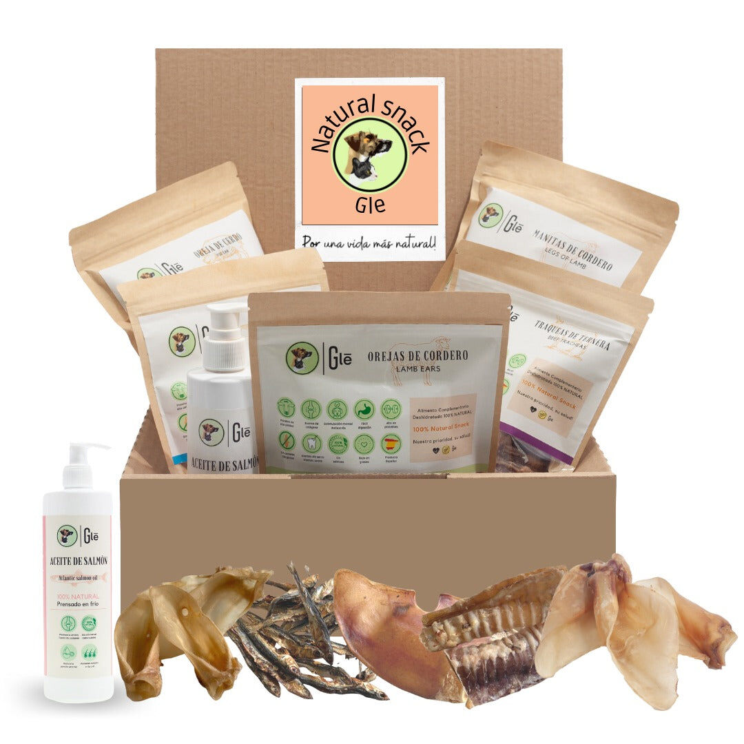 GLE PETS CAJA DE SNACKS NATURALES, REGALOS PARA PERROS, PREMIOS SALUDABLES, 5 BOSLAS VARIADAS + ACEITE DE SALM&Oacute;N PARA PERROS (250 ml) CAJA CORAL, , large Imagen numero 1