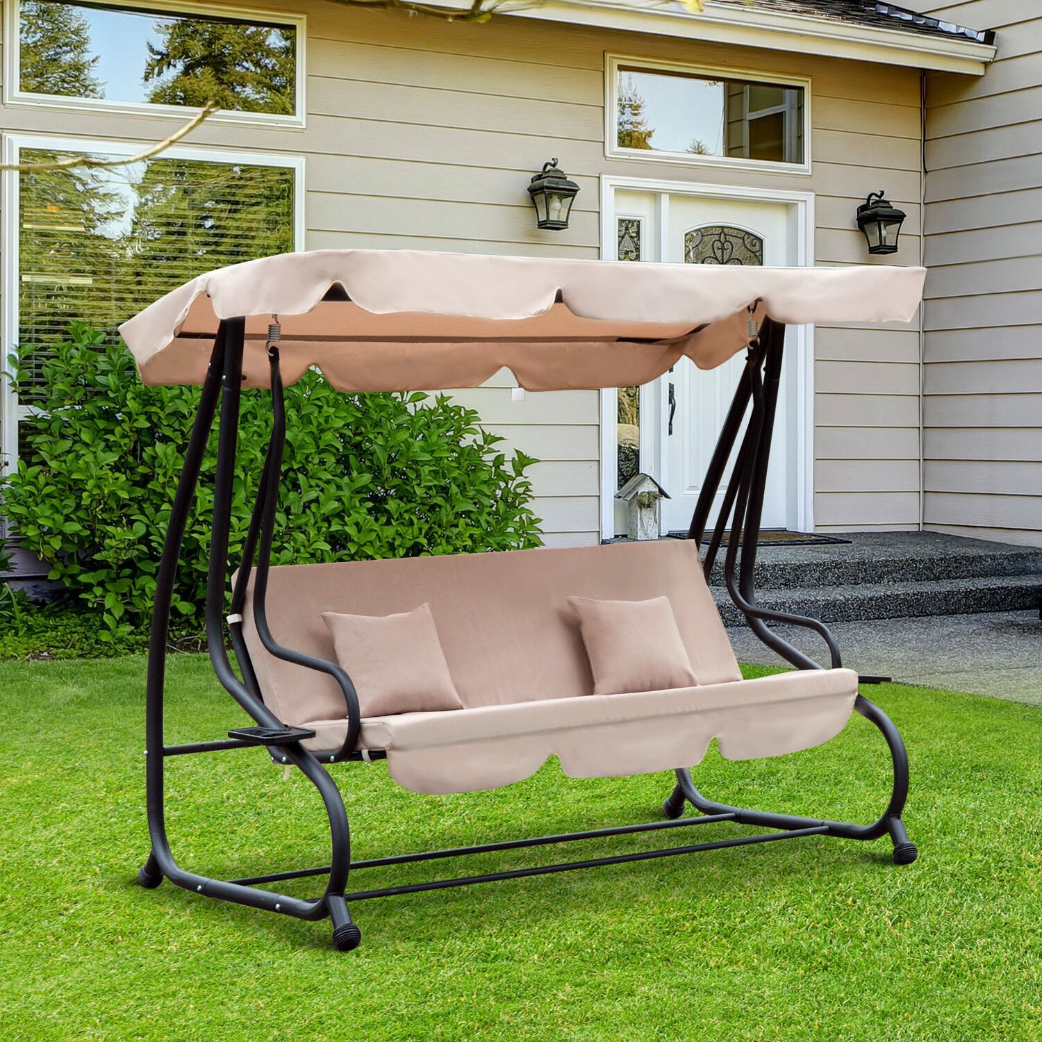 Outsunny Columpio Balanc&iacute;n Jard&iacute;n 3 Plazas Convertible en Cama Techo Parasol Regulable Bandeja para Bebida Terrza Balc&oacute;n Exterior Carga m&aacute;x. 340kg 200x120x164cm Marco Acero, , large Imagen numero 2