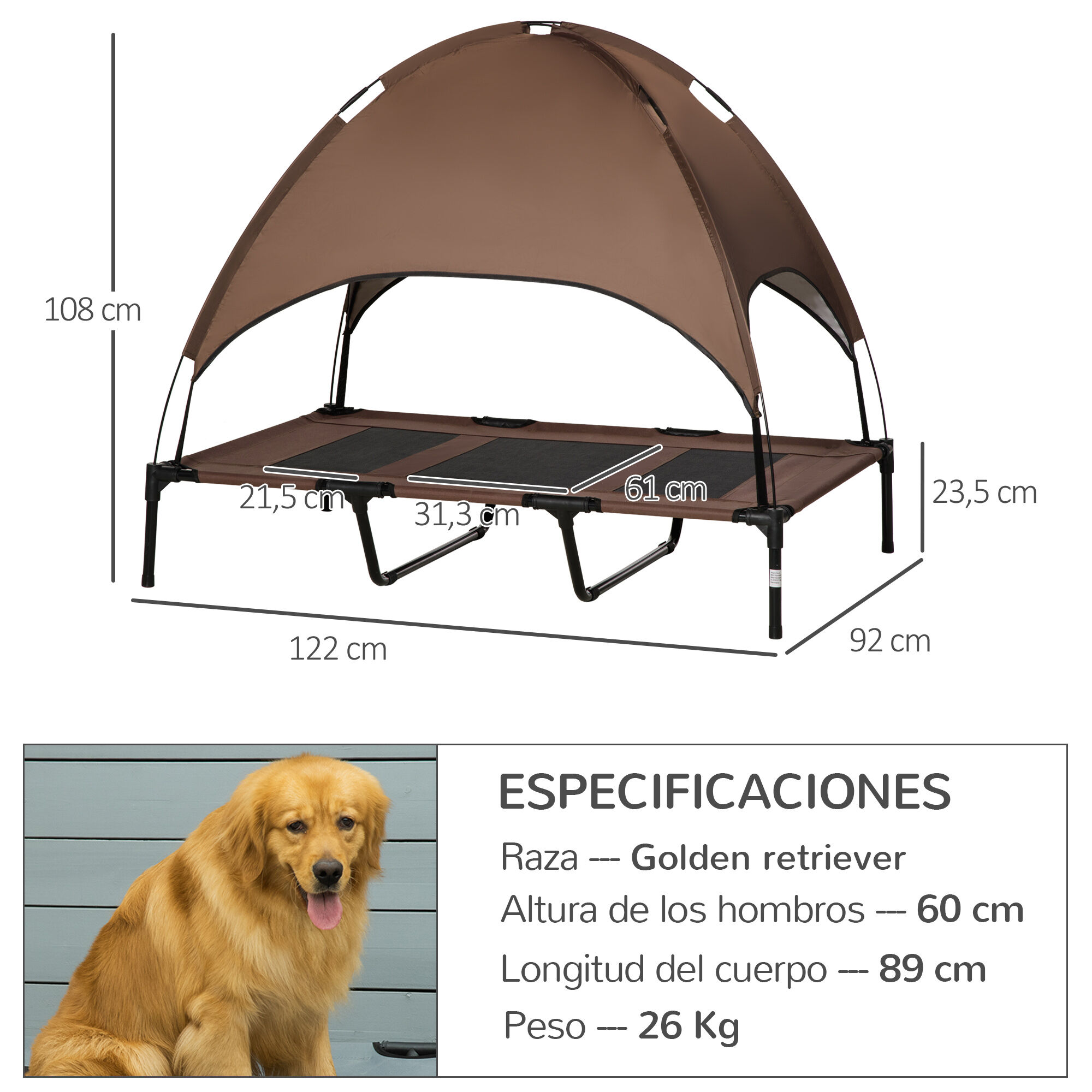 PawHut Cama con Parasol Elevada marrón para perros y gatos thumbnail