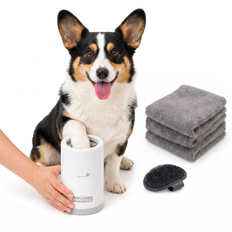 Nobleza Limpiador de Patas para Perros S, Kit de Limpieza 5 en 1 con Lavadora de Silicona Port&aacute;til, Cepillo de Ba&ntilde;o y 3 Toallas, Limpia Barro y Suciedad, 13.5*8.5cm, Gris, , large Imagen numero 1