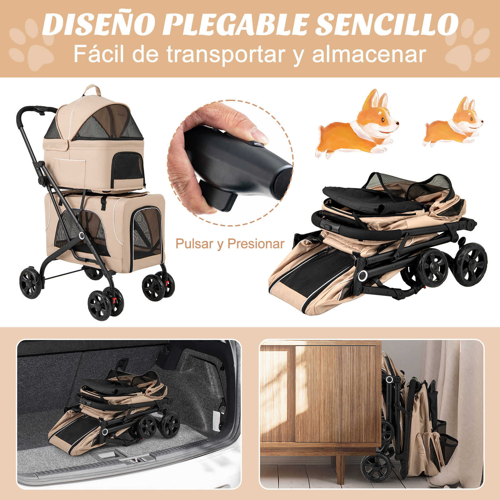 COSTWAY Cochecito para Perros Plegable, 3 en 1 Carrito para 2 Perros o Gatos, con 2 Transportines Desmontables, Cintur&oacute;n de Seguridad, Cojines Desmontables, Carrito de Viaje para Mascotas (Beige), , large Imagen numero 5