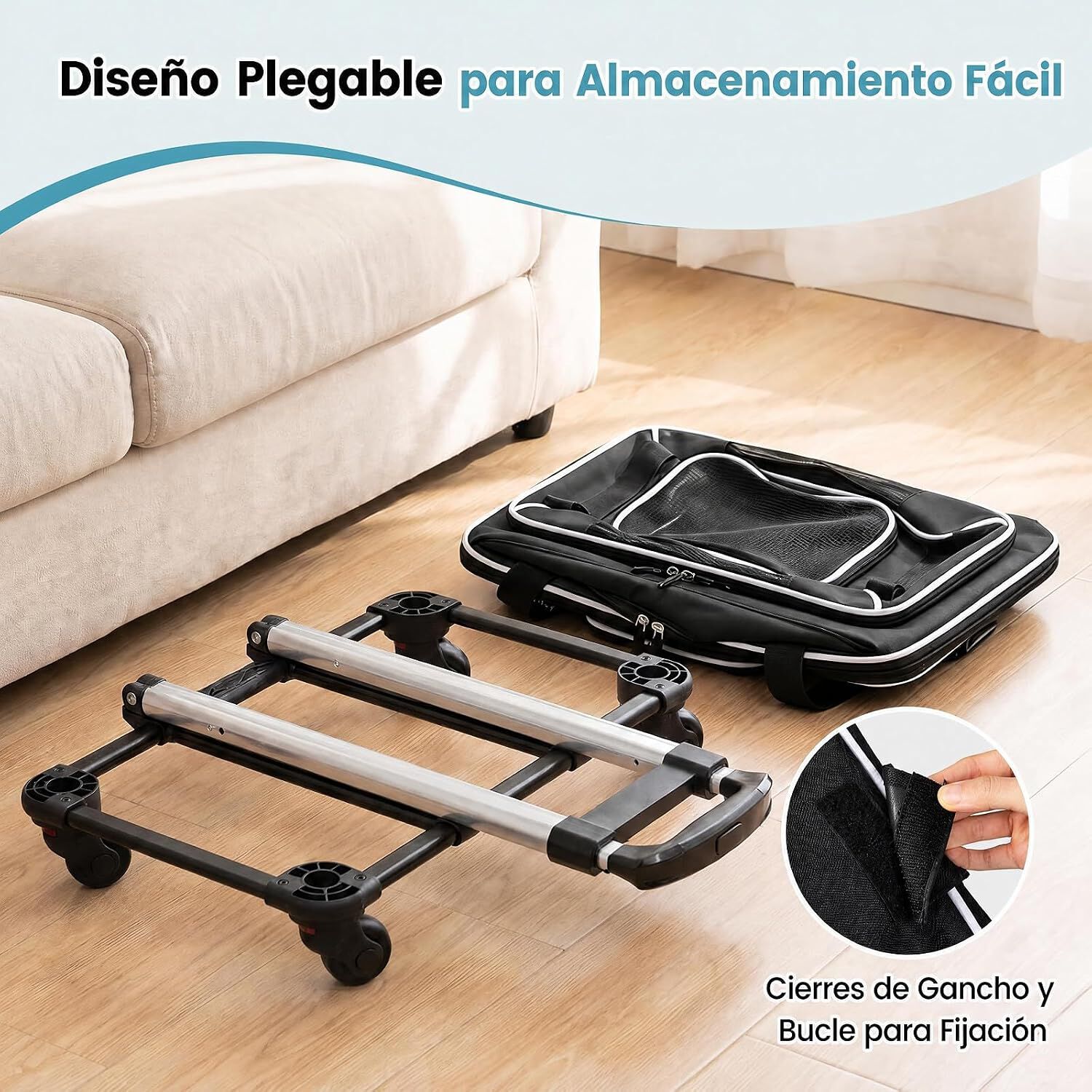 COSTWAY Transport&iacute;n para Mascotas con Ruedas y Asa Telesc&oacute;pica, Transportador para Perros y Gatos con Correa para Hombro, Alfombra Lavable, Ventanas Transpirables, Cremalleras, Negro, , large Imagen numero 4