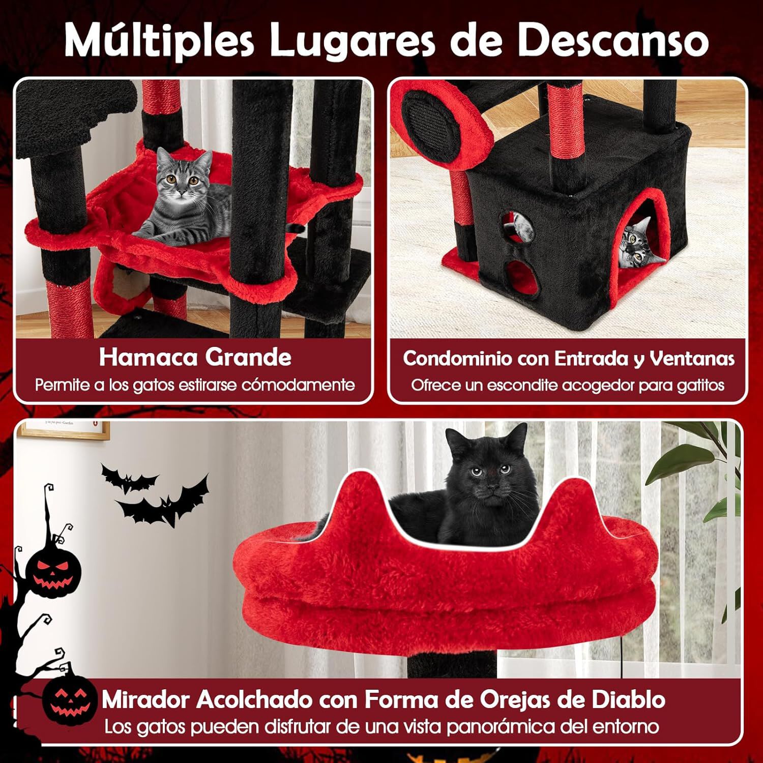 COSTWAY Rascador para Gatos G&oacute;tico de 133 cm, &Aacute;rbol para Gatos con Percha de Felpa, Juguete Colgante de Ara&ntilde;a, Tablero de Rascado, Hamaca, Plataformas Espeluznantes, Mueble Multinivel para Gatos, , large Imagen numero 3
