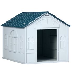 PawHut Caseta para Perros Medianos 65x75,7x63 cm, Casa para Perros con Patrón de Ventana, Techo de Tejas de Imitación, para Interior y Exterior, Azul Verdoso y Blanco