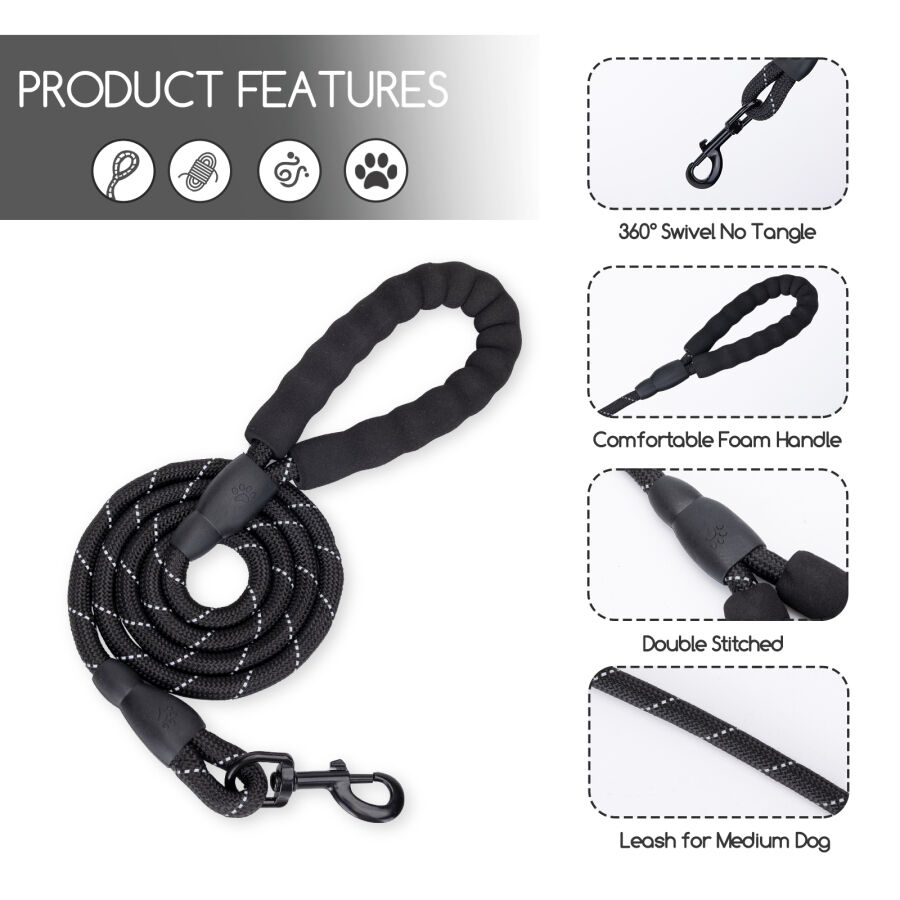 Nobleza Correa de Perro Reflectante de 1.5m, Correr Adiestramiento Correas Antitirones Extensibles Cuero Nylon con Acolchado C&oacute;modo, para Perro Peque&ntilde;o Perro Mediano y Perro Grande, , large Imagen numero 4