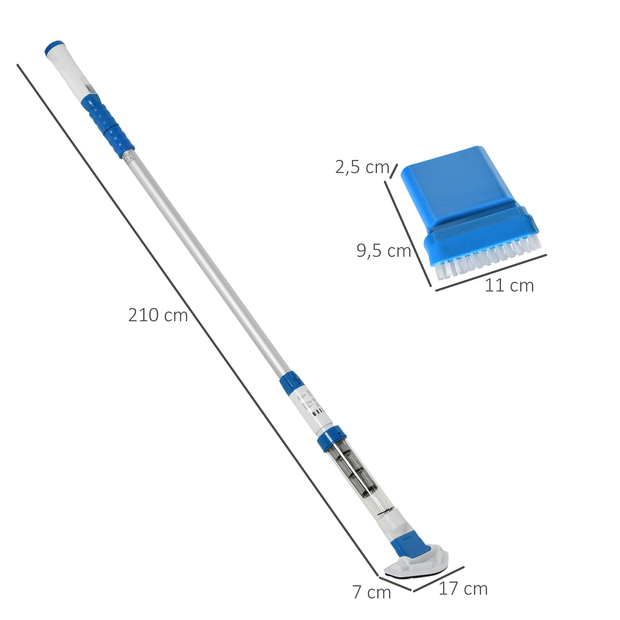 Outsunny Limpiafondos para Piscina Manual Aspirador de Piscina El&eacute;ctrico Autonom&iacute;a 45 Minutos con Poste Telesc&oacute;pico 150-210 cm Cepillo y 2 Ruedas para Estanques 210x17x7 cm Plata, , large Imagen numero 3