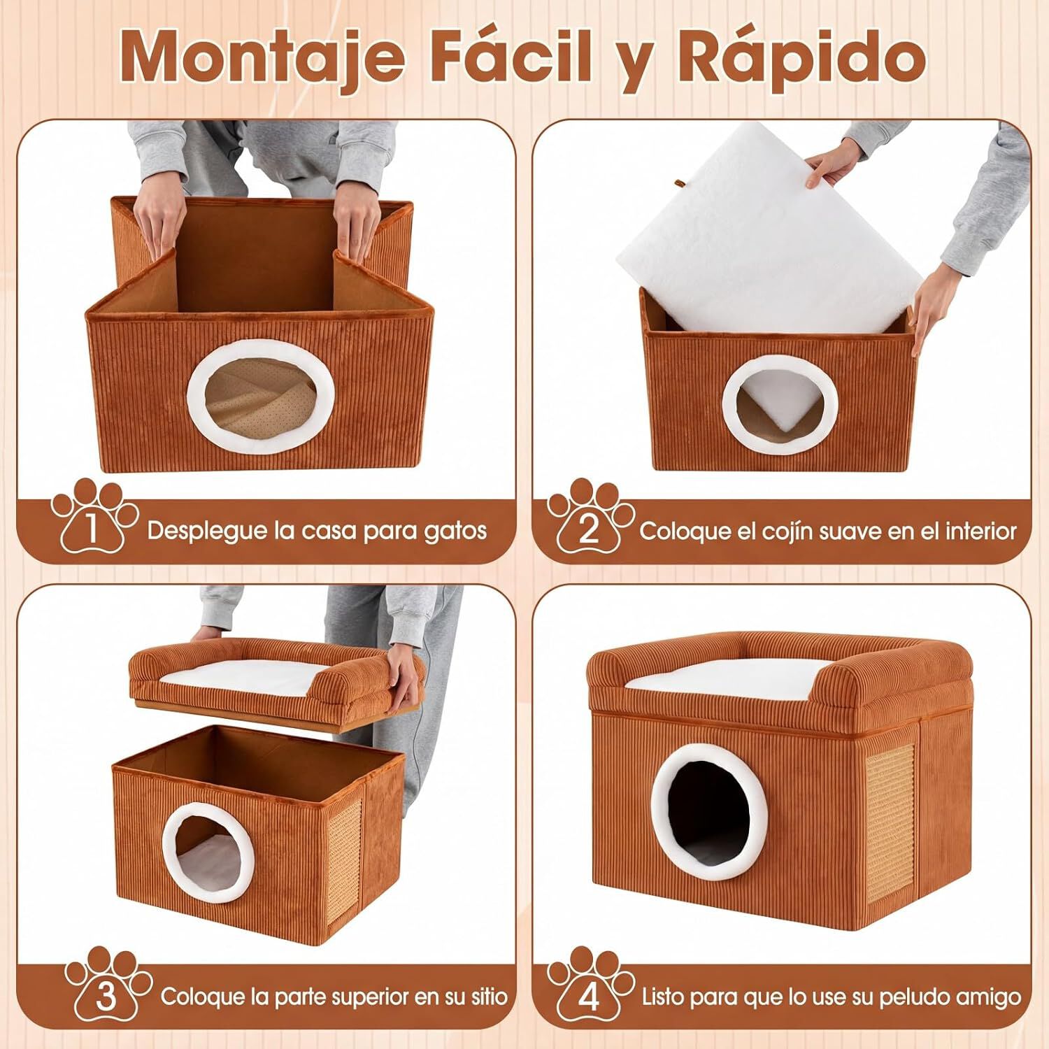 COSTWAY Camas para Gatos de Interior, Gran Cueva para Gatos con Acogedor Condominio, Alfombrilla Rascadora de Sisal, Coj&iacute;n Suave, Base Antideslizante, Casa Plegable Mascotas, Carga 15 kg (Marr&oacute;n), , large Imagen numero 3
