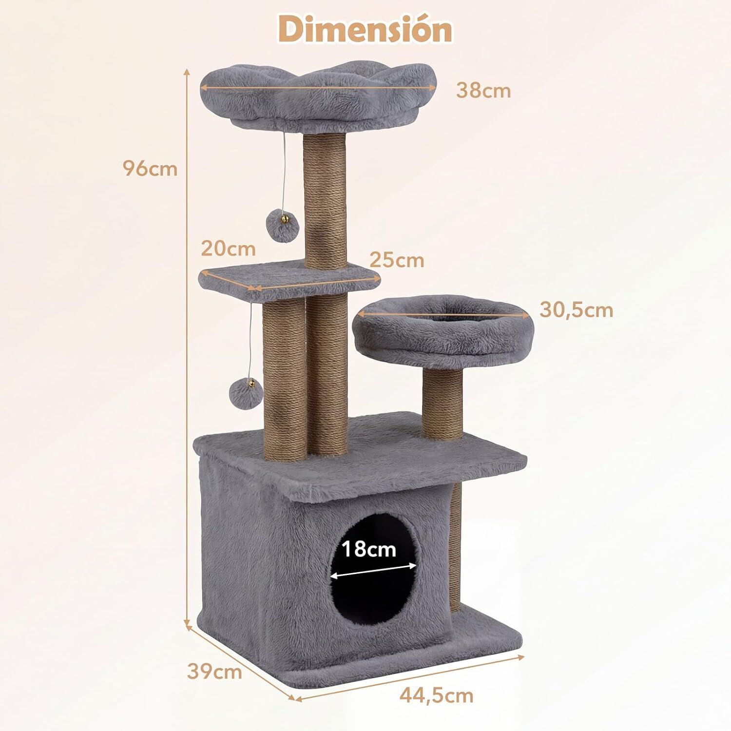 COSTWAY &Aacute;rbol Rascador para Gatos, Torre para Gatos con Percha Superior Acolchonada en Forma de Flor, Condominio y Cama, 2 Bolas Colgantes con Cascabel y Postes, Mueble Multinivel para Escalar (Gris), , large Imagen numero 5