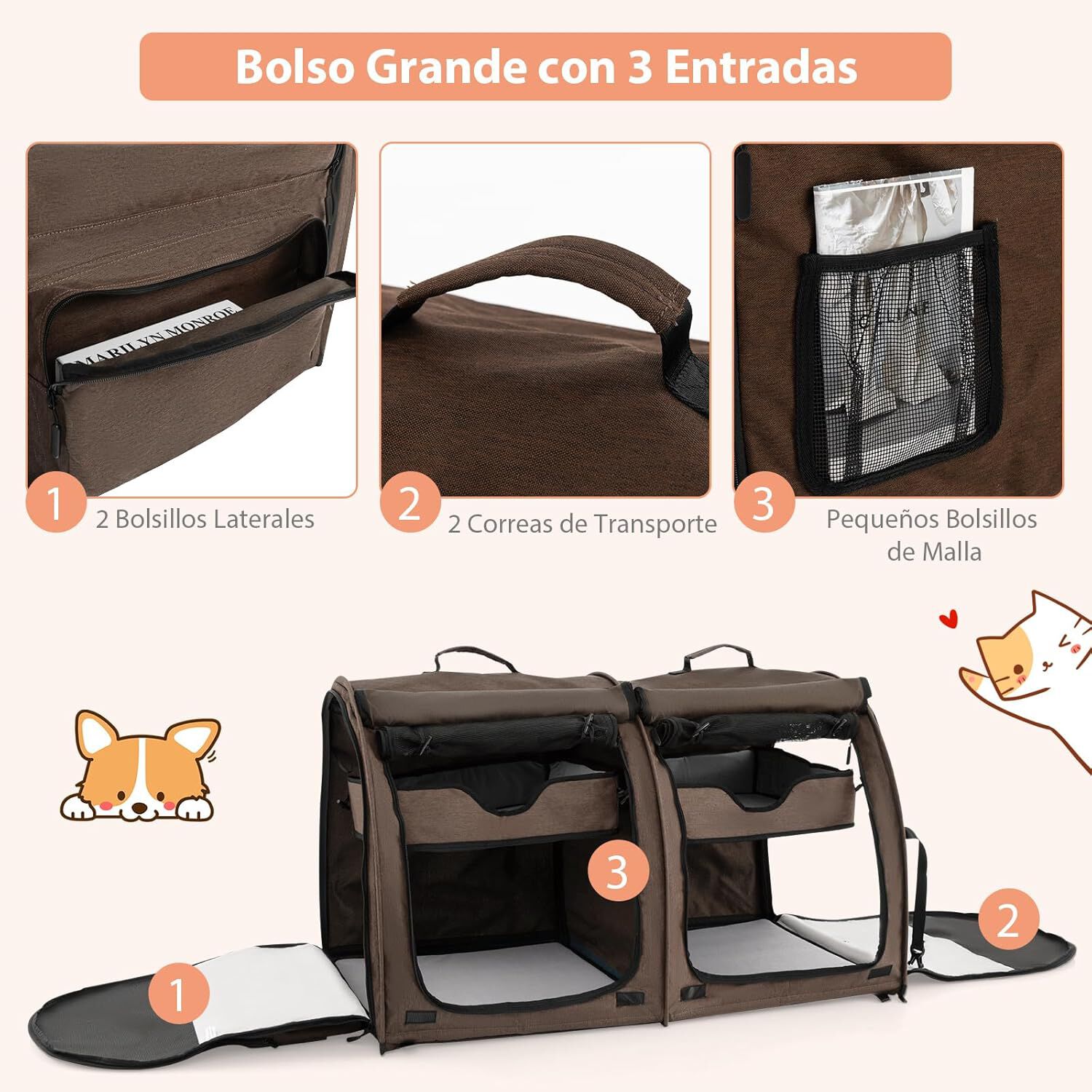 COSTWAY Transport&iacute;n de Doble Compartimento Perro Gato, Bolsa de Transporte Port&aacute;til 3 en 1 con 2 Hamacas Desmontables, Jaula Suave para Mascotas con Bolsa de Transporte 100 x 58 x 61cm (Marr&oacute;n), , large Imagen numero 4