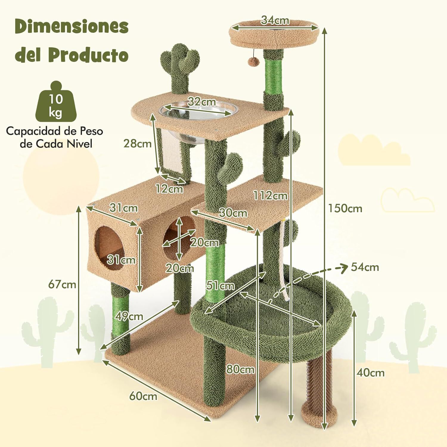COSTWAY &Aacute;rbol para Gatos, Torre para Gatos con Dise&ntilde;o de Cactus Verde con Condominio, Hamaca, Plataforma, Postes de Rascado de Sisal, Coj&iacute;n Lavable, &Aacute;rbol Rascador para Gatos (77 x 49 x 150 cm), , large Imagen numero 2