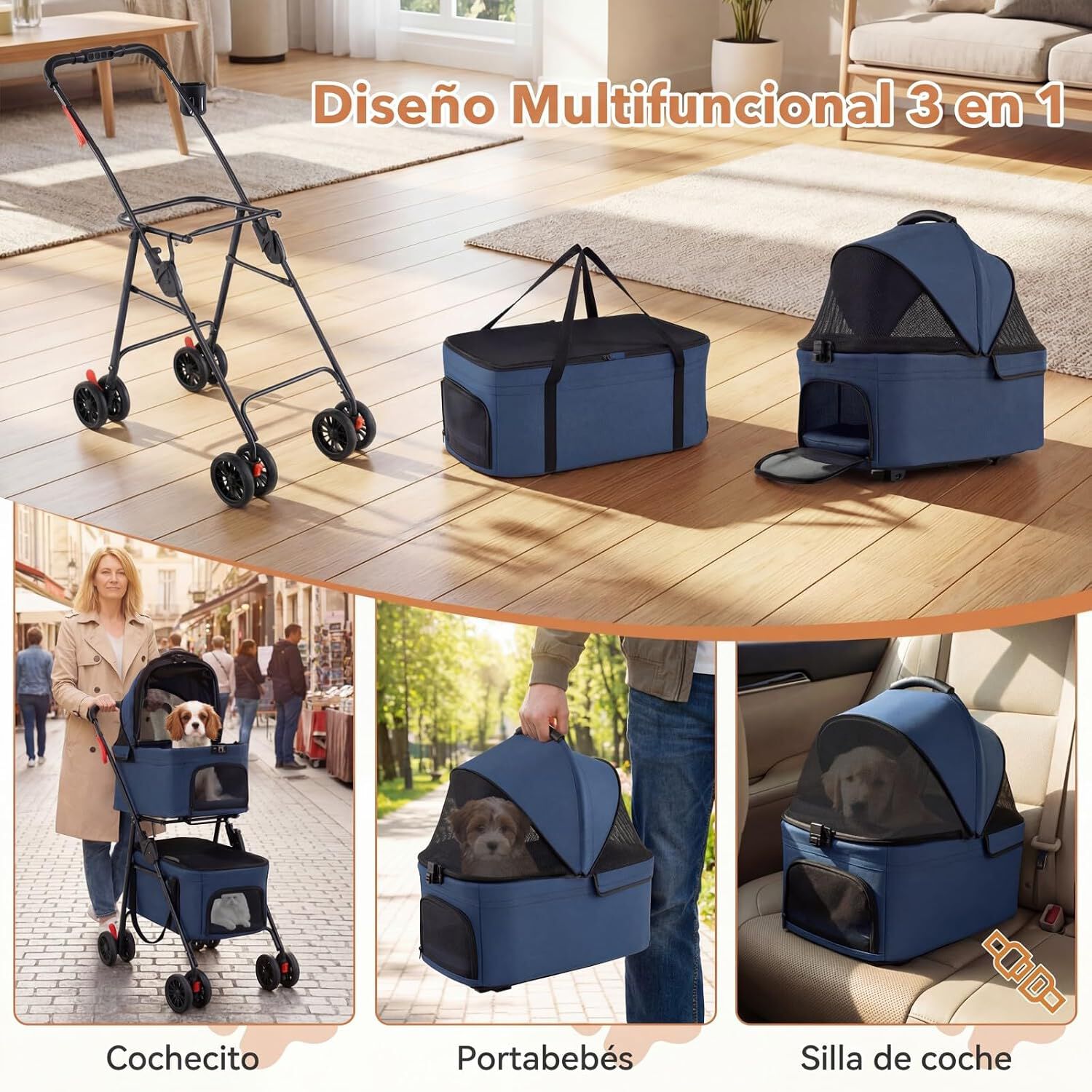 COSTWAY Carrito para Perros Plegable Doble 3 en 1, Cochecito para Perros con 2 Portadores Desmontables, Ruedas con Freno, Malla Transpirable, Portavasos, Carro para Mascotas hasta 15 kg, Azul, , large Imagen numero 3
