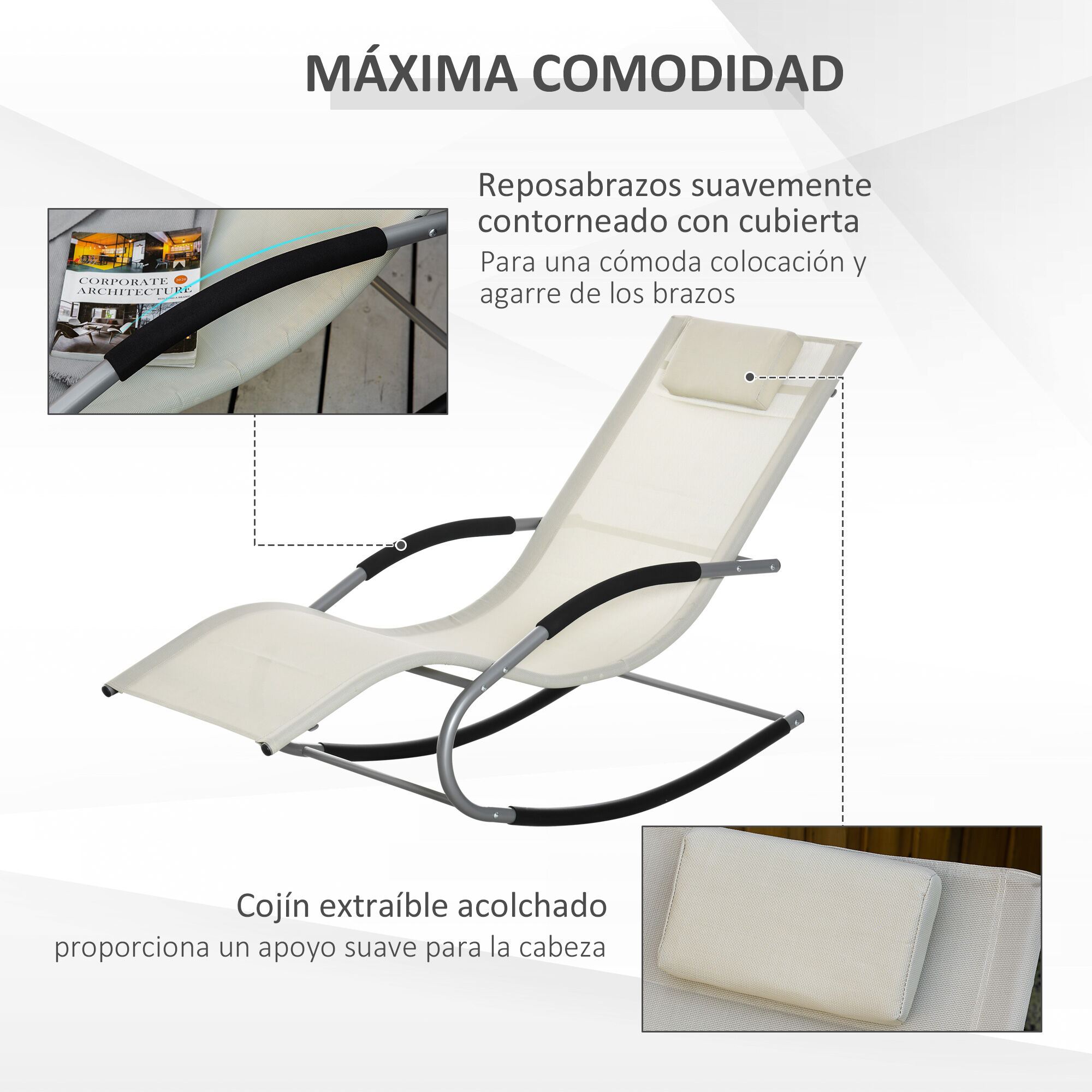 Outsunny Conjunto de 2 Mecedoras para Jard&iacute;n Tumbonas Mecedoras con Reposacabezas Reposabrazos Carga 120 kg para Playa Patio Terraza 63x144x84 cm Beige, , large Imagen numero 5