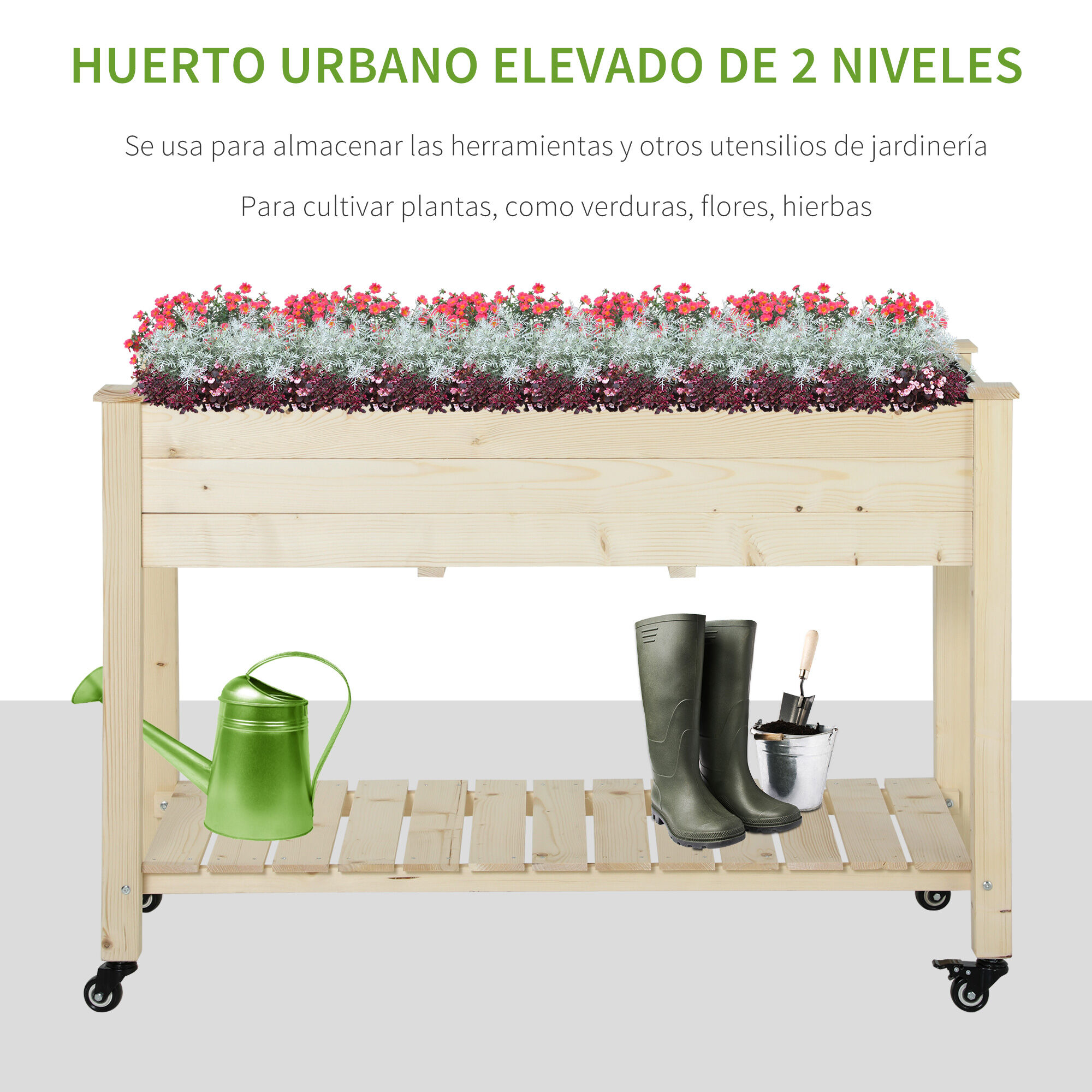 Outsunny Huerto Urbano Mesa de Cultivo 118x55x83 cm Elevado de Madera con Estante Tela Geotextil Ruedas con Frenos Port&aacute;til para Cultivo en Jard&iacute;n Terraza Color Natural, , large Imagen numero 4