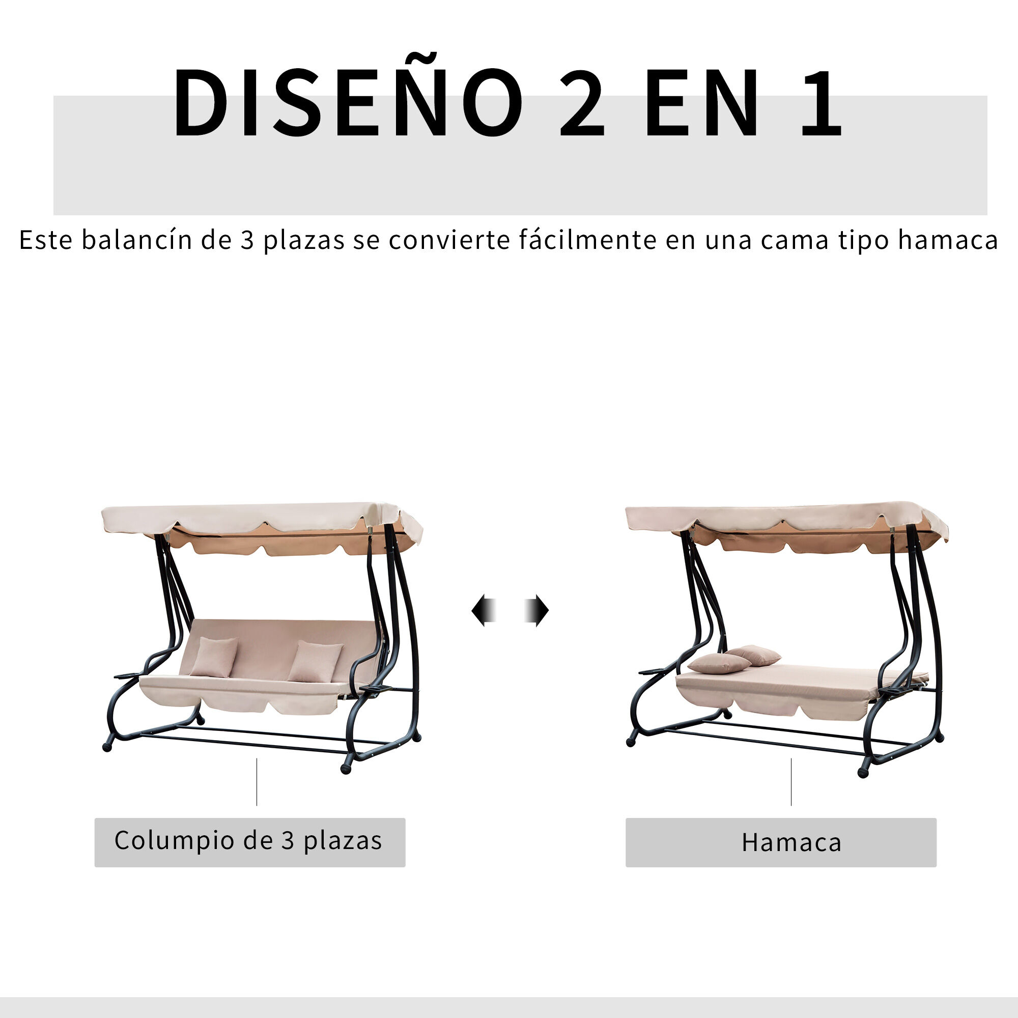 Outsunny Columpio Balanc&iacute;n Jard&iacute;n 3 Plazas Convertible en Cama Techo Parasol Regulable Bandeja para Bebida Terrza Balc&oacute;n Exterior Carga m&aacute;x. 340kg 200x120x164cm Marco Acero, , large Imagen numero 4