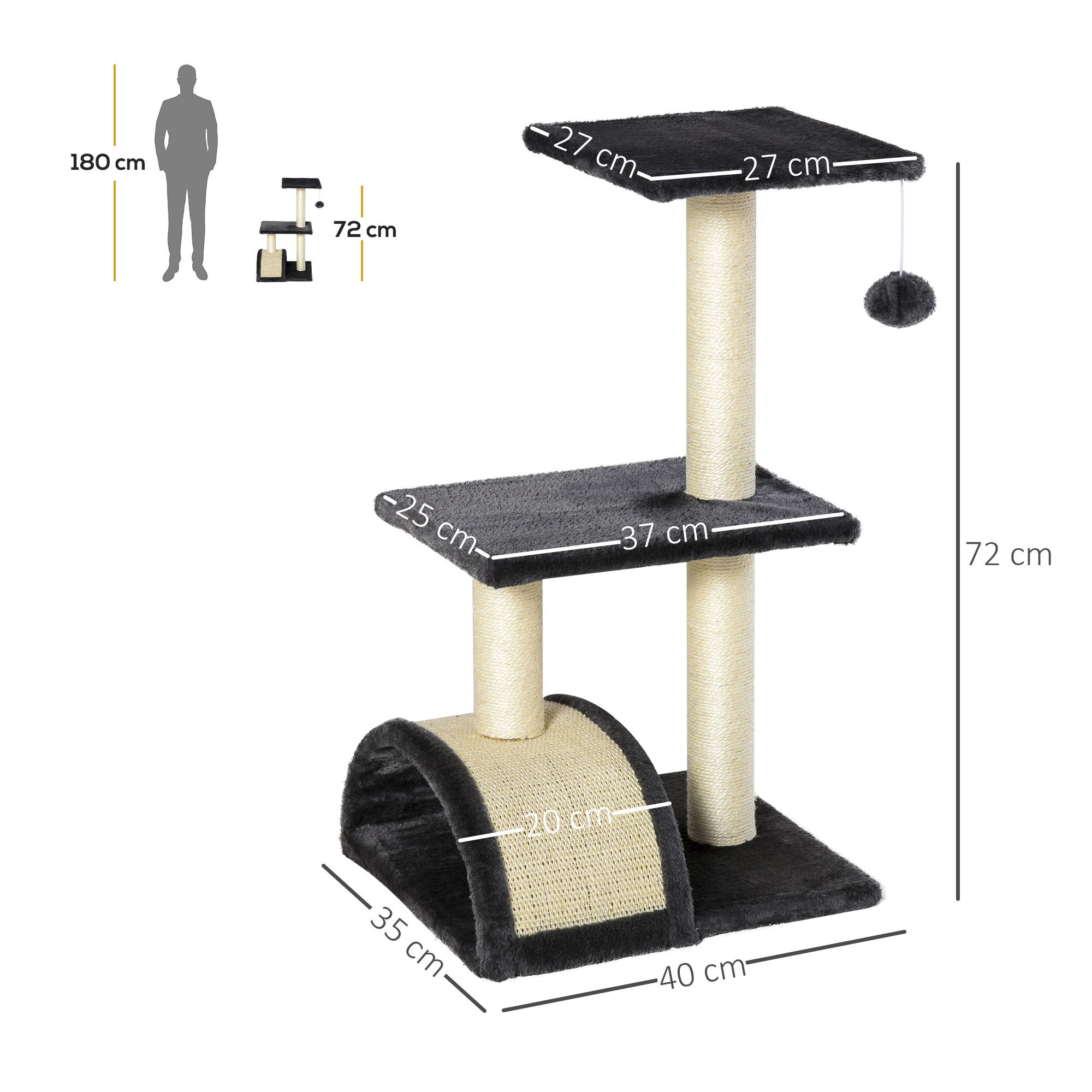 PawHut Rascador para Gatos Altura 72 cm &Aacute;rbol para Gatos Torre de Escalada con Postes de Sisal Tablero para Rascar Plataformas y Bola Colgante Gris Carb&oacute;n, , large Imagen numero 3