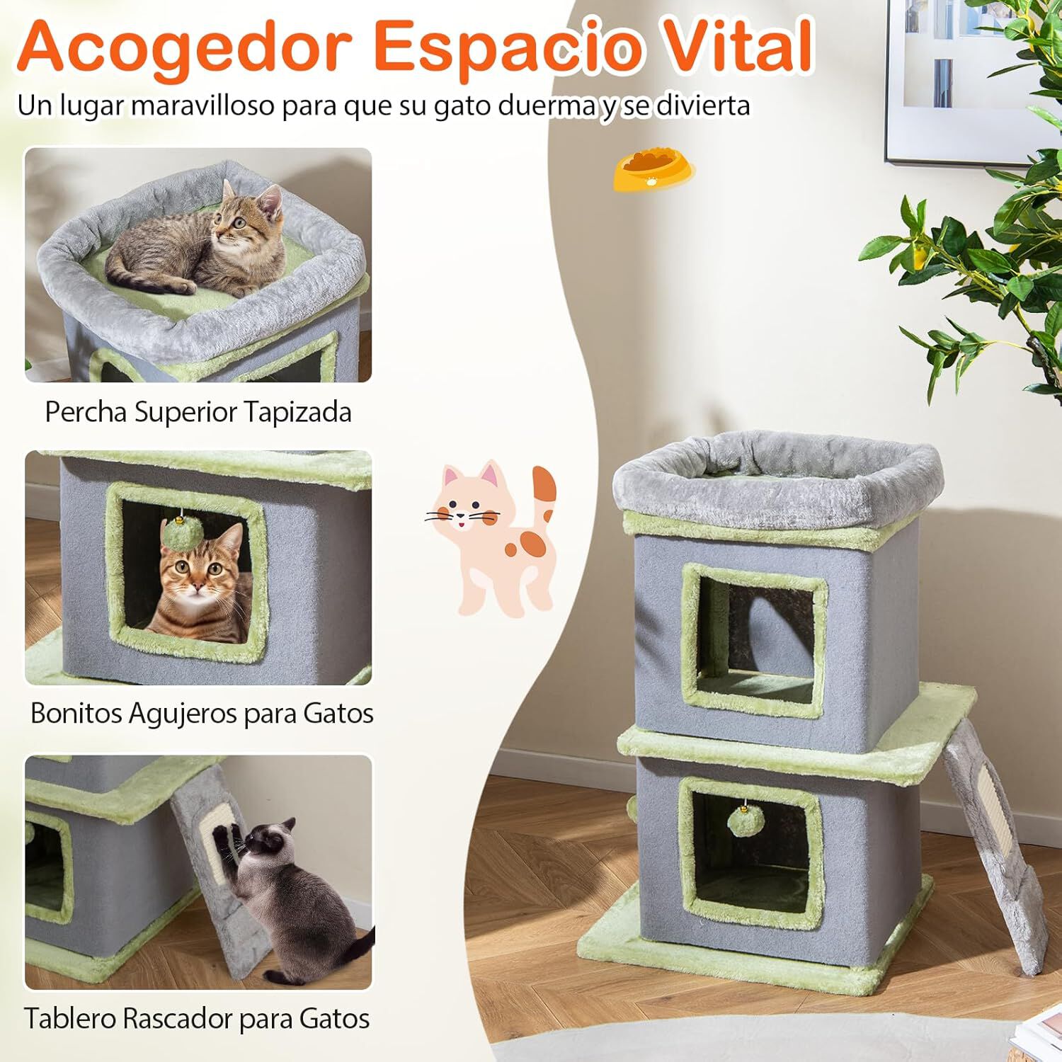 COSTWAY Juego de Muebles para Gatos 3 en 1, &Aacute;rbol para Gatos Grande con M&uacute;ltiples Plataformas, Casas, Cuevas, Postes Rascadores, Juguetes Colgantes, Pared de Escalada para Gato, Tela de Felpa, , large Imagen numero 4