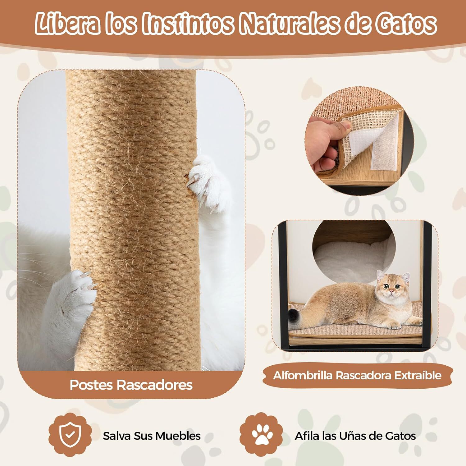 COSTWAY Mesa Auxiliar con Casa para Gatos, Tapete Rascador Extra&iacute;ble, Juguete de Bola Colgante, Dispositivo Antivuelco, para Sala, Dormitorio (Natural), , large Imagen numero 4