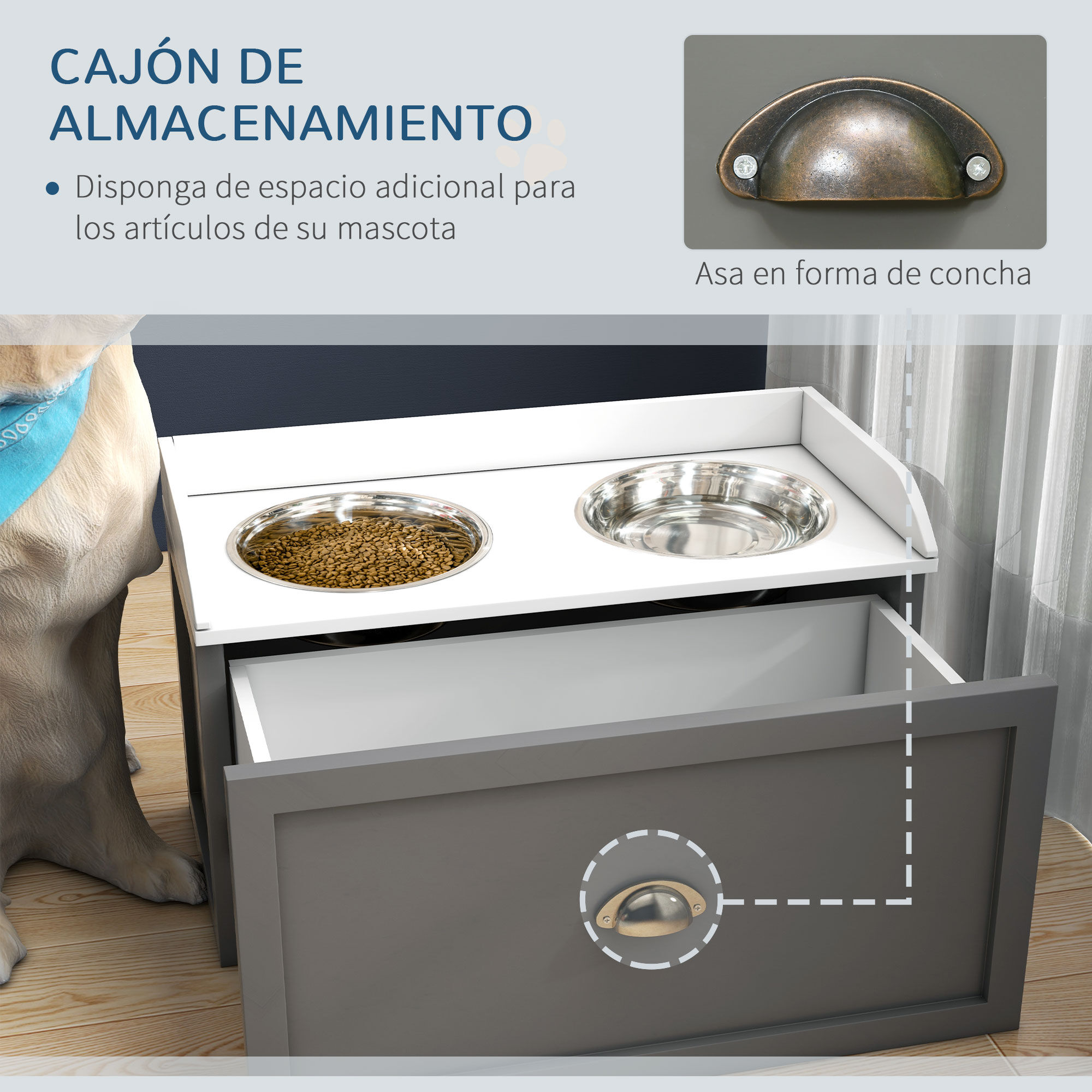 PawHut Comedero Elevado para Perros Grandes Cuencos para Perros con 2 Tazones 2000ml de Acero Inoxidable y Caj&oacute;n Oculto Soporte de Madera para Mascotas 60x30x36 cm Gris y Blanco, , large Imagen numero 5