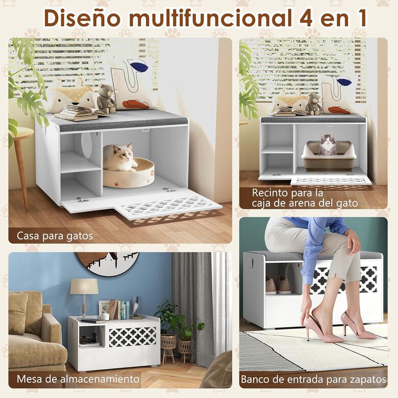 COSTWAY Banco con Arenero y Cojín Extraíble, Mueble Ocultador de Arenero para gatos thumbnail