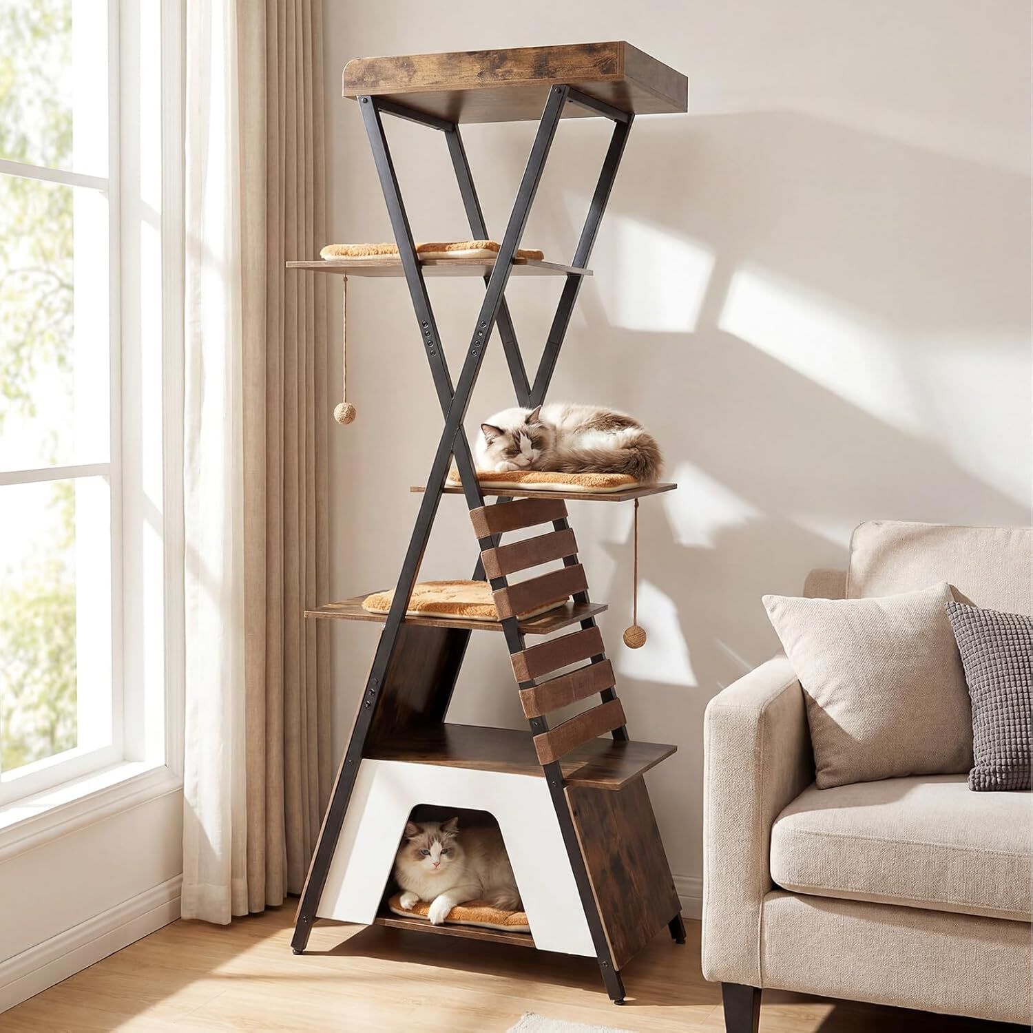 COSTWAY &Aacute;rbol Rascador para Gatos de 185 cm, Torre Gatos con 4 Plataformas, 4 Cojines de Peluche, Cueva, Alfombra Rascadora, Bandas El&aacute;sticas, Bolas Colgantes, Casa Gato, Castillo para Gato, Marr&oacute;n, , large Imagen numero 2