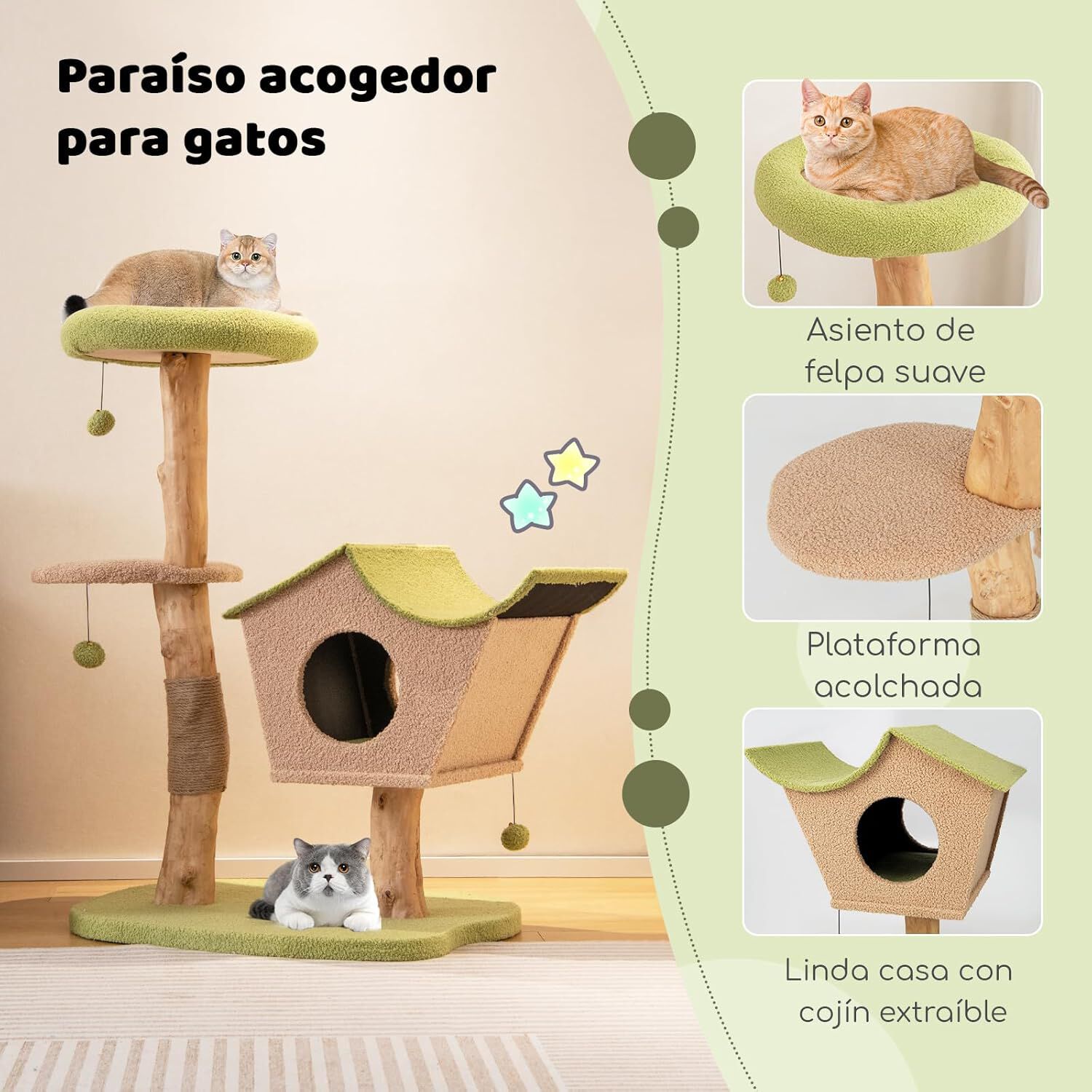 COSTWAY 110cm &Aacute;rbol para Gatos, Torre de Madera para Gatos con Plataforma Superior Acolchada, Condominio, Postes para Rascar, Plataforma de Salto, Centro de Actividades para Gatos con Bolas, , large Imagen numero 3