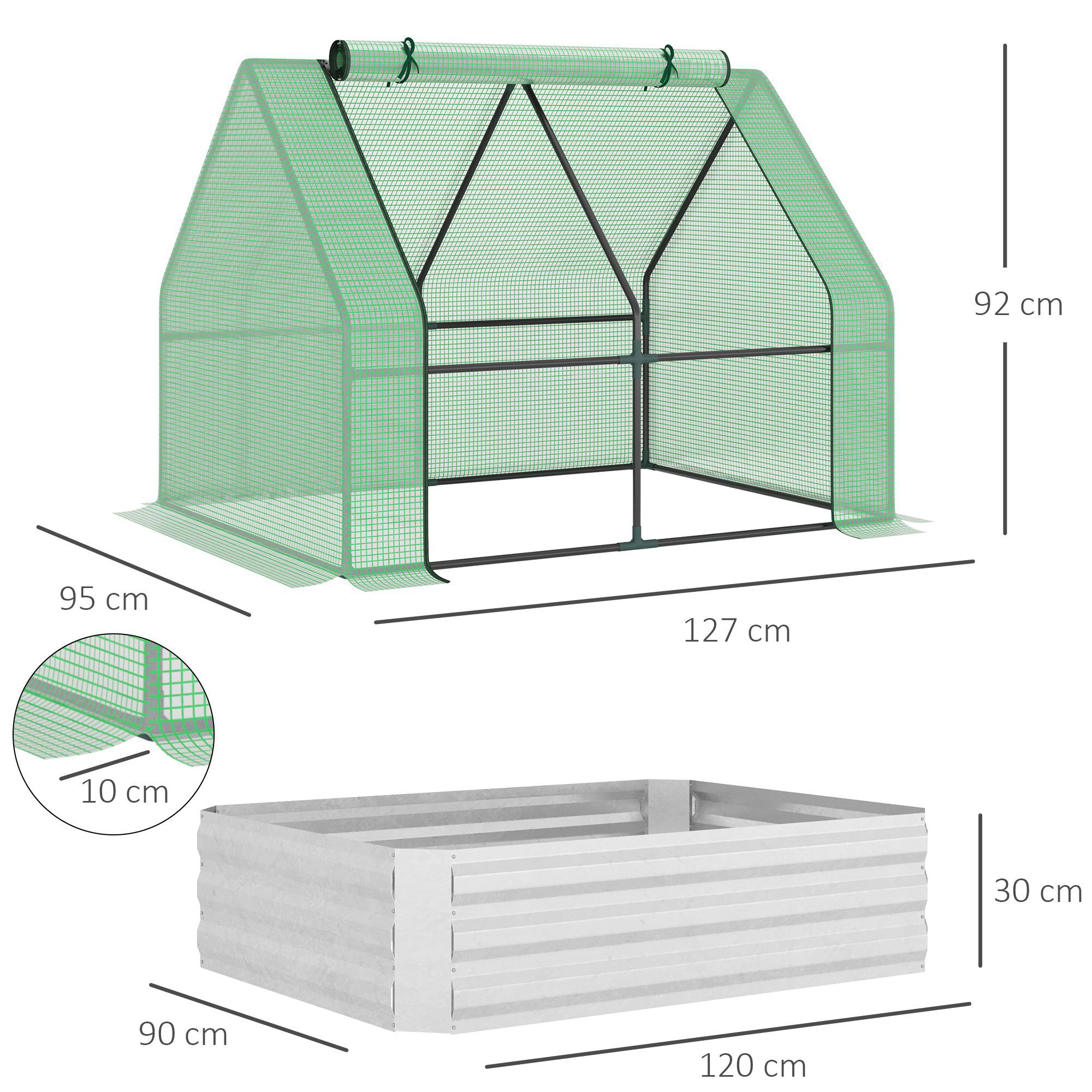 Outsunny Huerto Urbano con Invernadero 127x95x92 cm Tipo Caseta con Arriate de Acero Interior Ventana Enrollable y Cubierta de PE 140 g/m&sup2; para Cultivos Plantas Flores Verde, , large Imagen numero 3