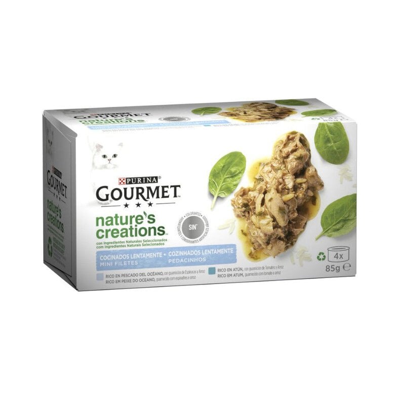 4 latas x 85 g Gourmet Nature's Creations Pescado del Océano y Atún mini filetes para gatos