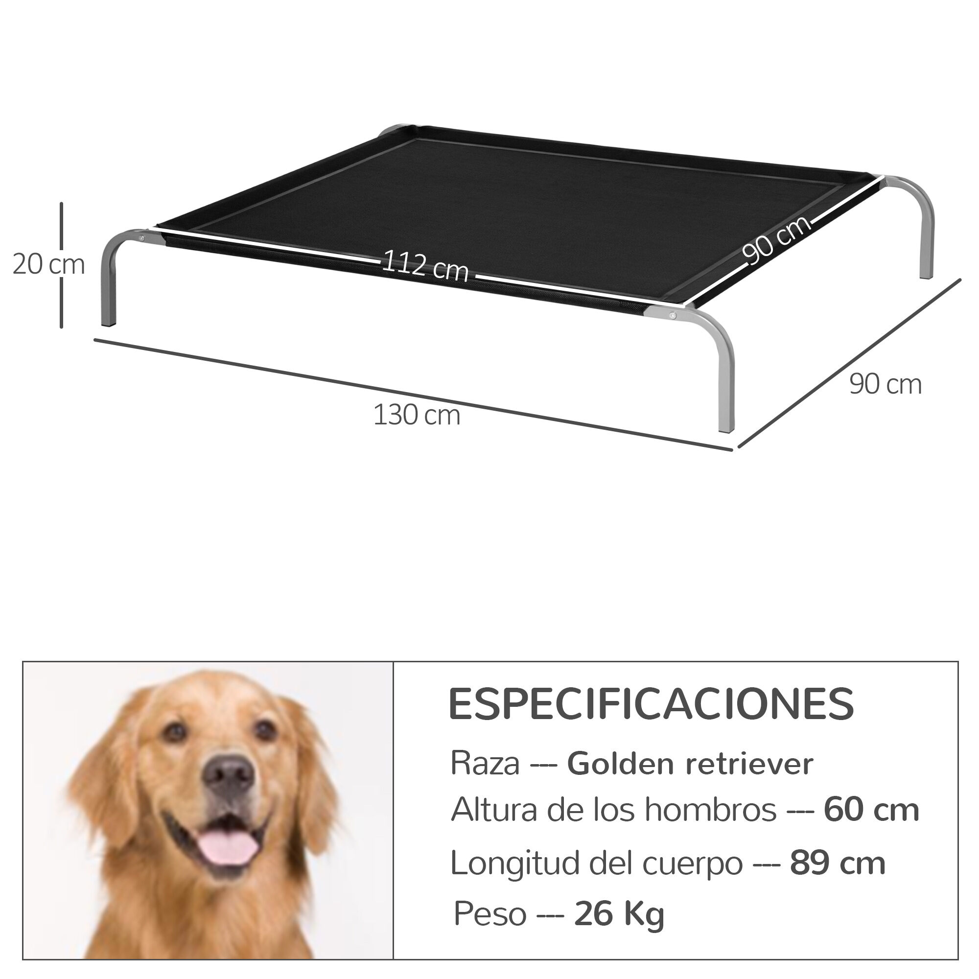 PawHut Cama Elevada para Perros Gatos Transpirable Cama Mascotas para Dormir Relajar con Marco de Acero para Interiores Exterior 130x90x20 cm Negro, , large Imagen numero 3