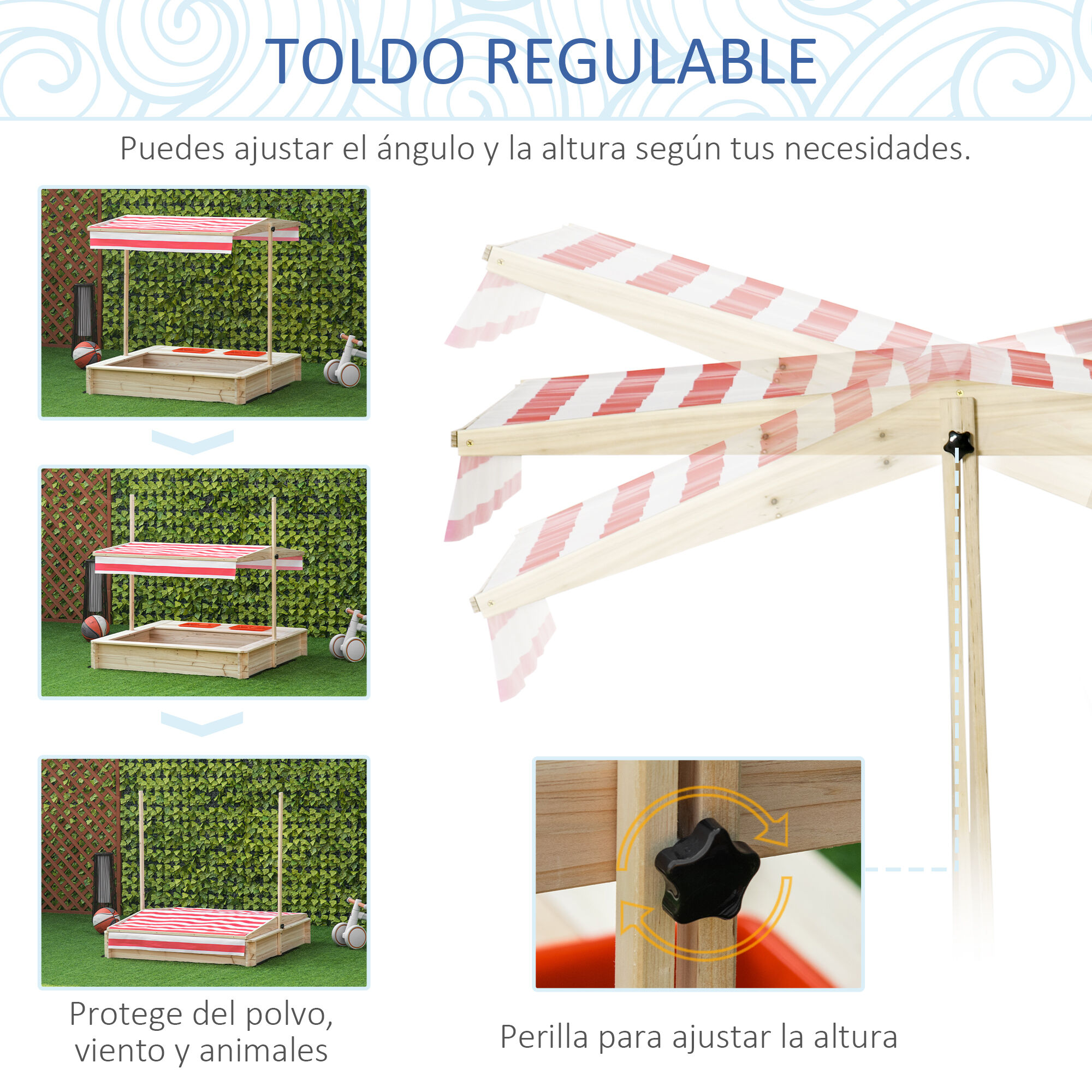 Outsunny Arenero Infantil de Madera con Techo Inclinable Ajustable en Altura y 2 Bandejas Auxiliares Caj&oacute;n de Arena de Jard&iacute;n para Ni&ntilde;os +3 A&ntilde;os 118x118x118 cm Natural y Rojo, , large Imagen numero 4
