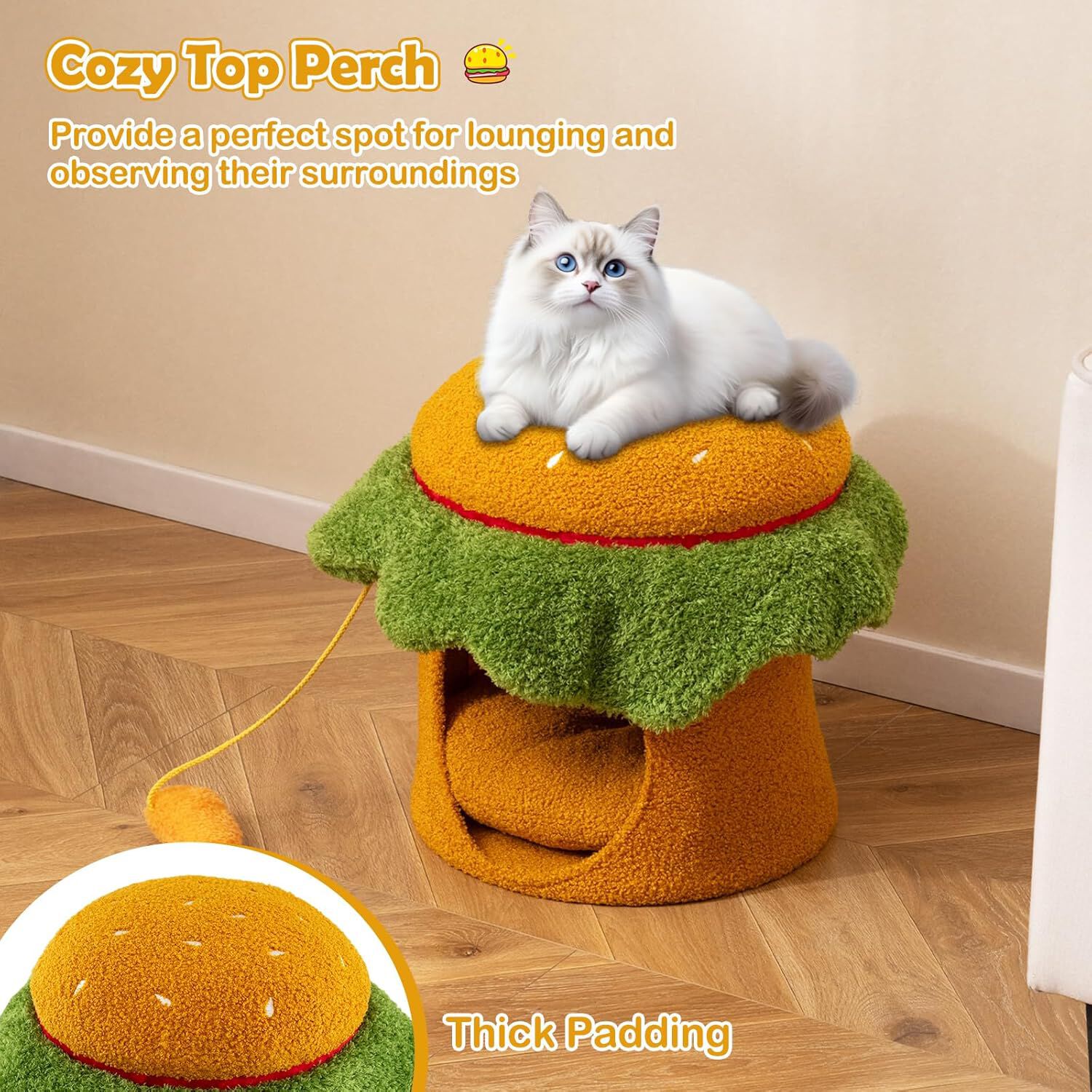 COSTWAY Cama para Gatos para Interior, Casa para Gatos en Forma de Hamburguesa con Percha Acolchada, Juguete Colgante de Peluche, Coj&iacute;n Desmontable y Lavable, 37x37x41 cm, Cueva para Gato, , large Imagen numero 3