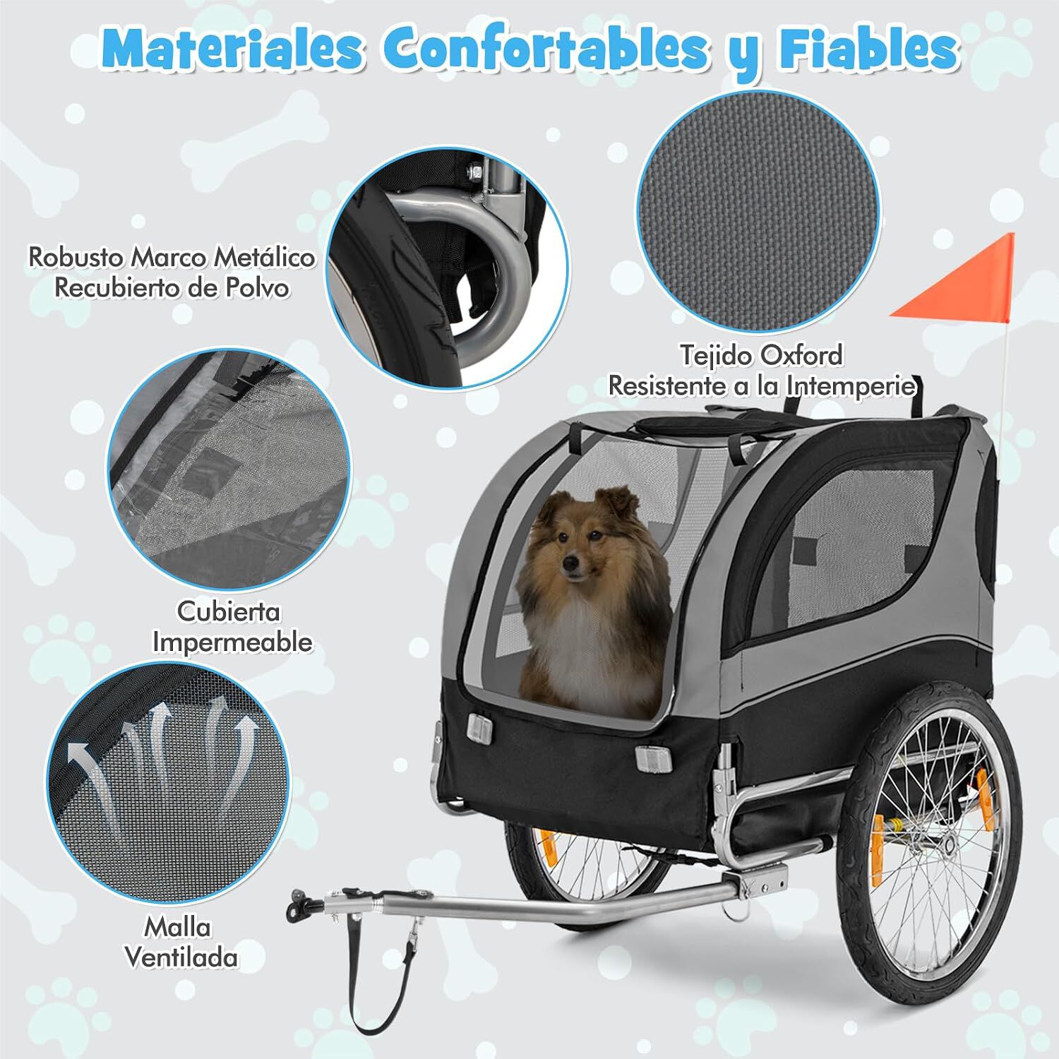 COSTWAY Remolque de Bicicleta para Mascotas, Remolque Bicicleta Perros Peque&ntilde;os y Medianos con Ruedas, Transportador de 2 Puertas con Techo Solar, Capacidad 40 kg, 60,5 x 135 x 95 cm, , large Imagen numero 4