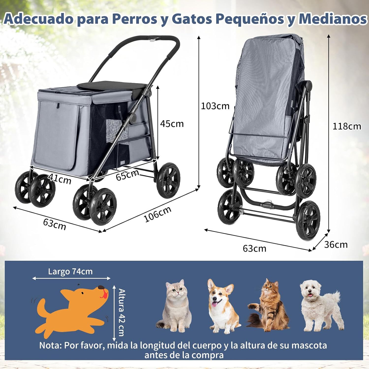 COSTWAY Cochecito para Mascotas Plegable, Carrito de Viaje Port&aacute;til para Mascotas con Malla Transpirable, Claraboya, Bolsillos, Carrito Plegable para Mascotas Peque&ntilde;as y Medianas (gris), , large Imagen numero 5