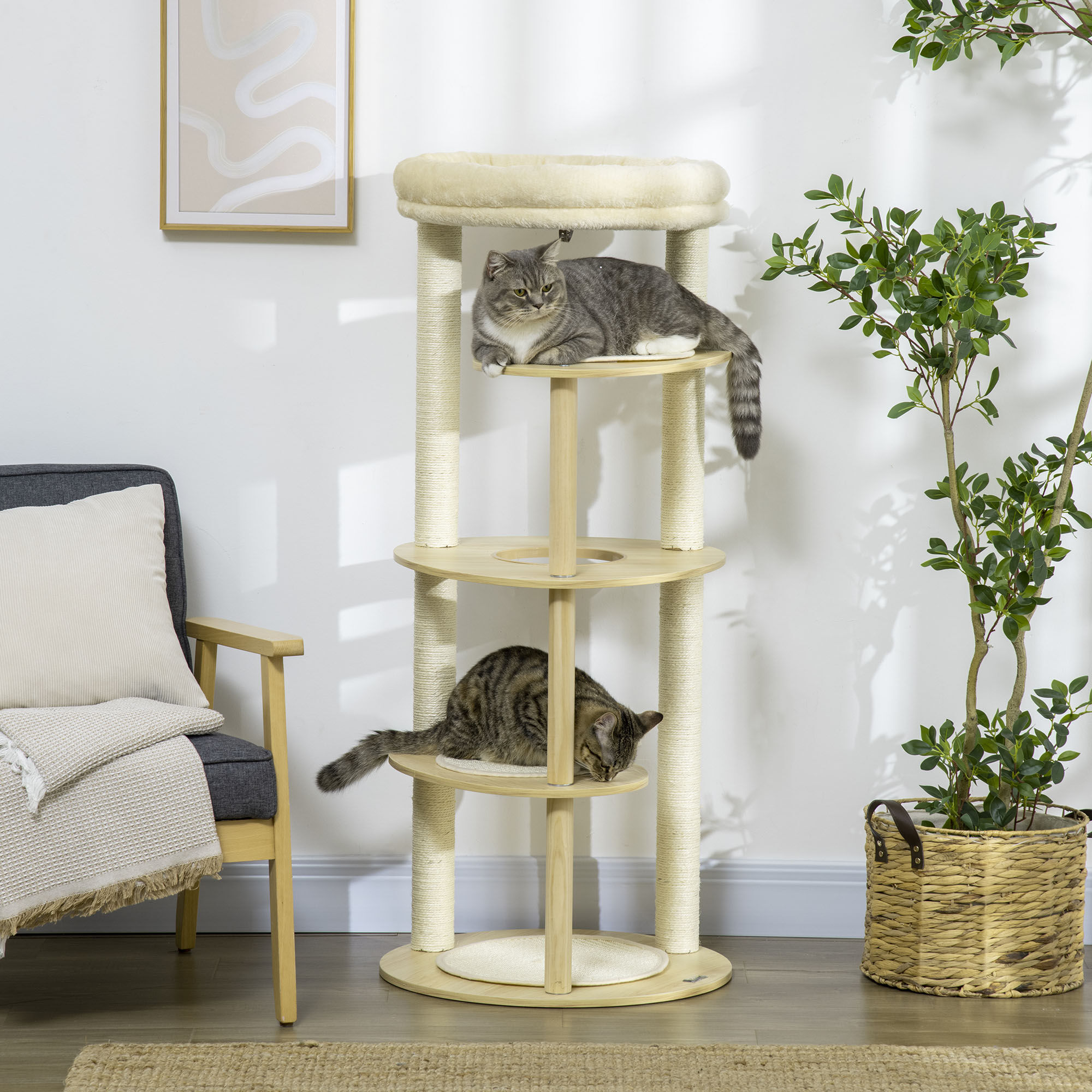 PawHut &Aacute;rbol Rascador para Gatos de Madera 123,5 cm Torre Escalador para Gatos con M&uacute;ltiples Plataformas Cama Desmontable y Cojines &Oslash;54x123,5 cm Roble, , large Imagen numero 2