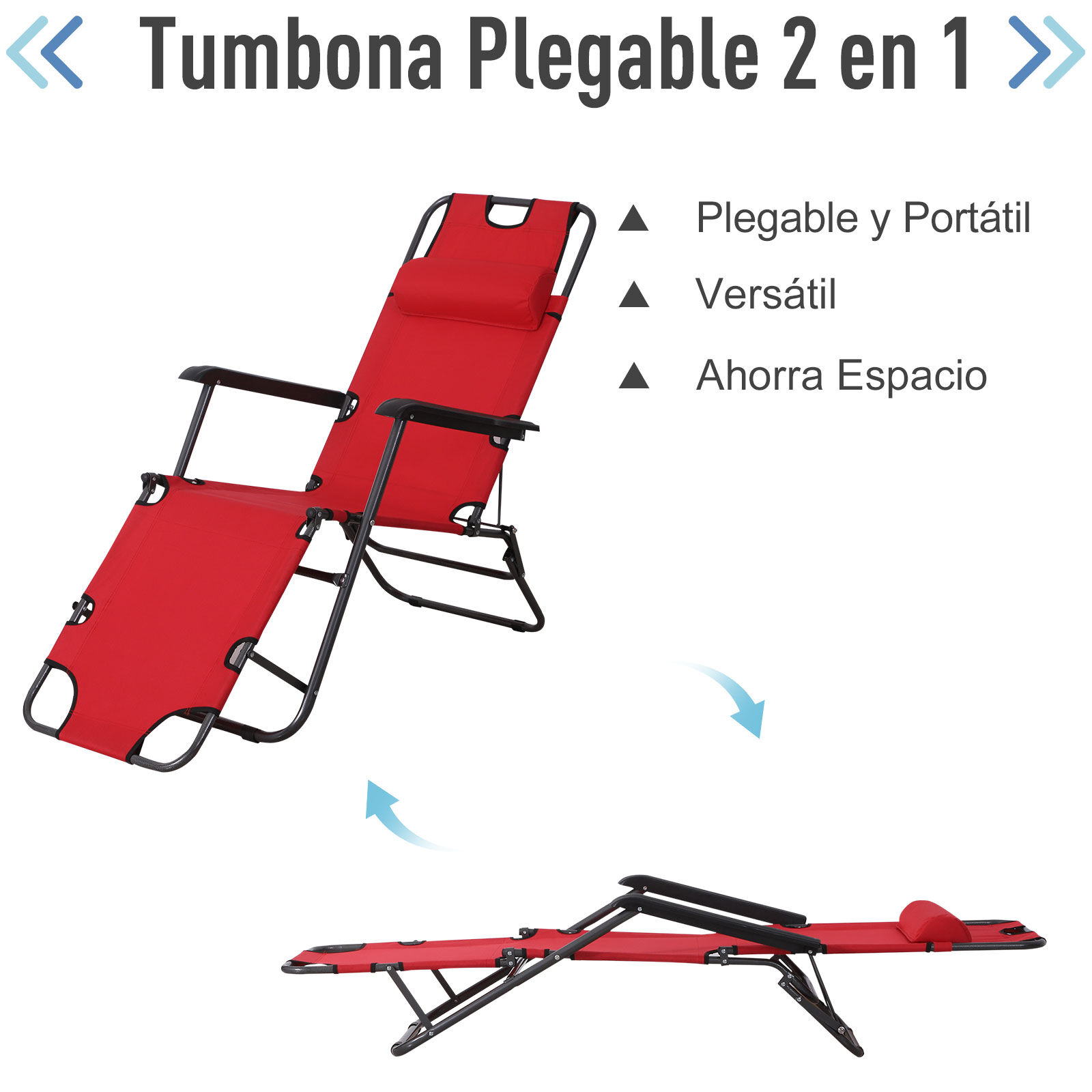 Outsunny Tumbona Reclinable y Plegable Silla de Playa Tumbona Relax Plegable con Respaldo Ajustable Reposabrazos Almohada y Reposapi&eacute;s para Jard&iacute;n Balc&oacute;n Carga 136 kg 135x60x89 cm Rojo, , large Imagen numero 4