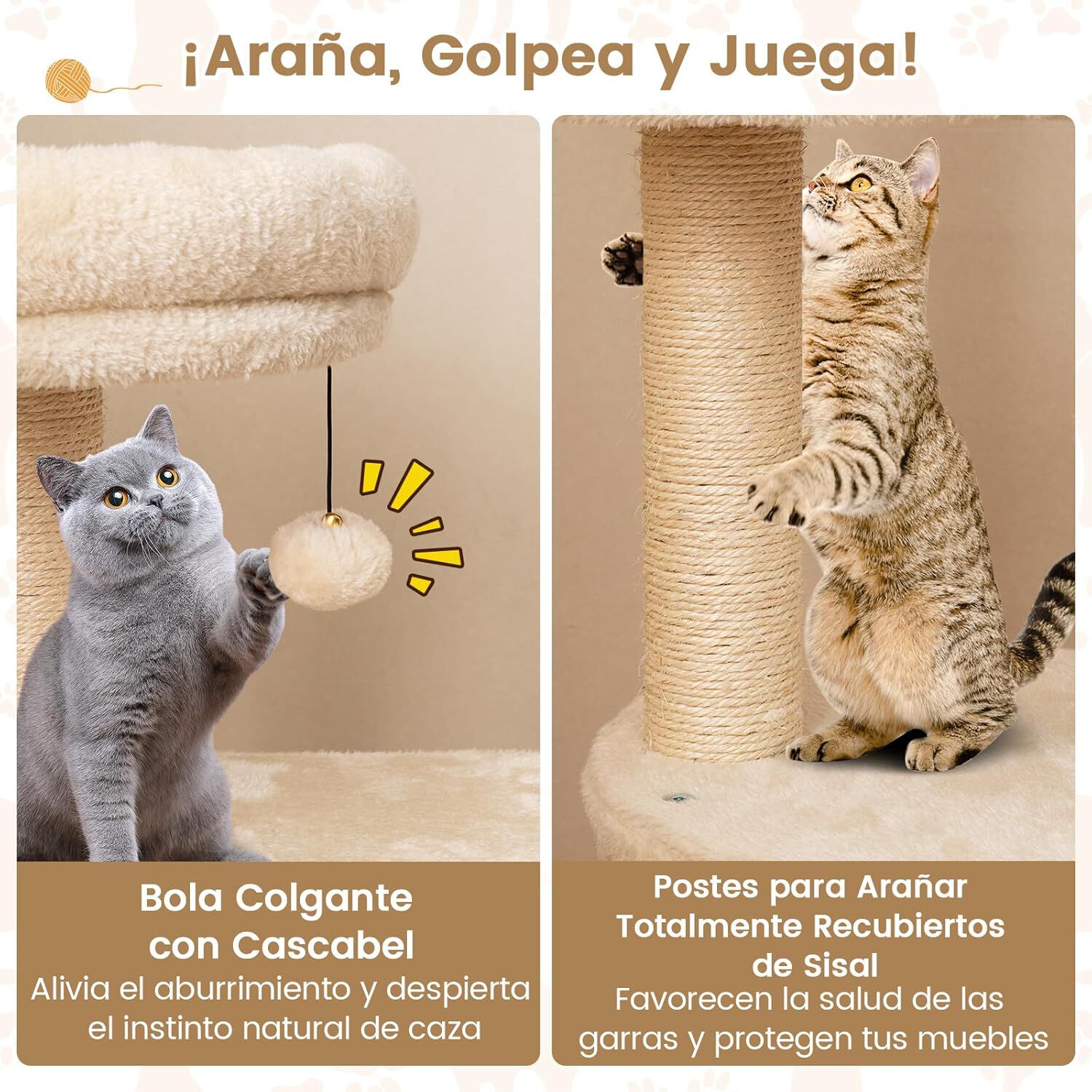 COSTWAY Rascador para Gatos, Torre para Gatos de M&uacute;ltiples Niveles con Condominio, Poste Rascador, Bola Colgante, Plataformas para Saltar, Mueble de Entretenimiento para Mascotas 58,5x58,5x102 cm, , large Imagen numero 4