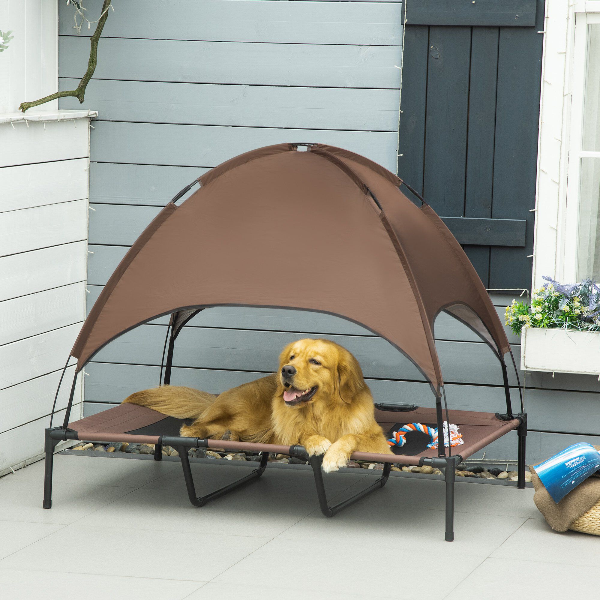 PawHut Cama con Parasol Elevada marrón para perros y gatos thumbnail