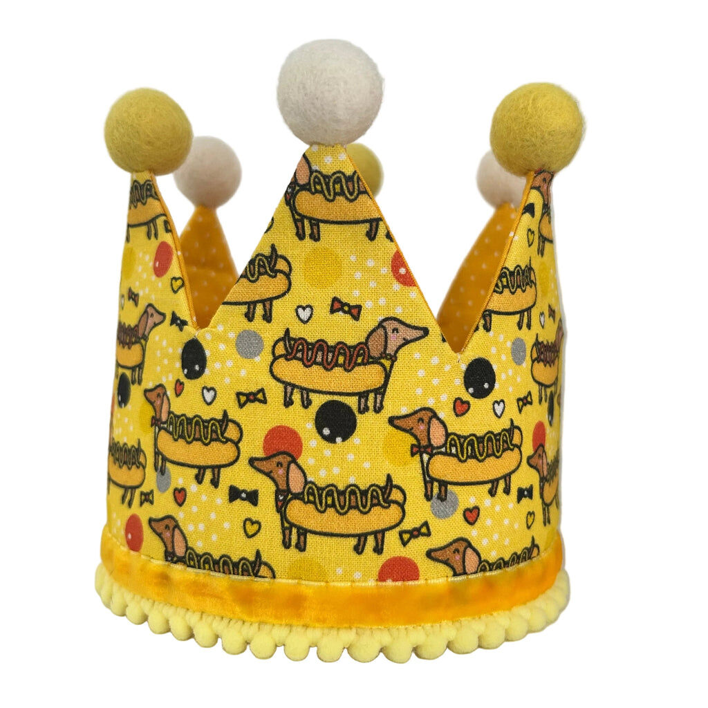 Gorro de cumplea&ntilde;os forma de corona - Hecha a mano - Estampado de Perro Salchicha - Hot Dog, , large Imagen numero 1