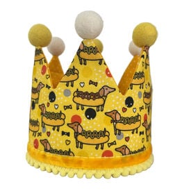 Gorro de cumplea&ntilde;os forma de corona - Hecha a mano - Estampado de Perro Salchicha - Hot Dog