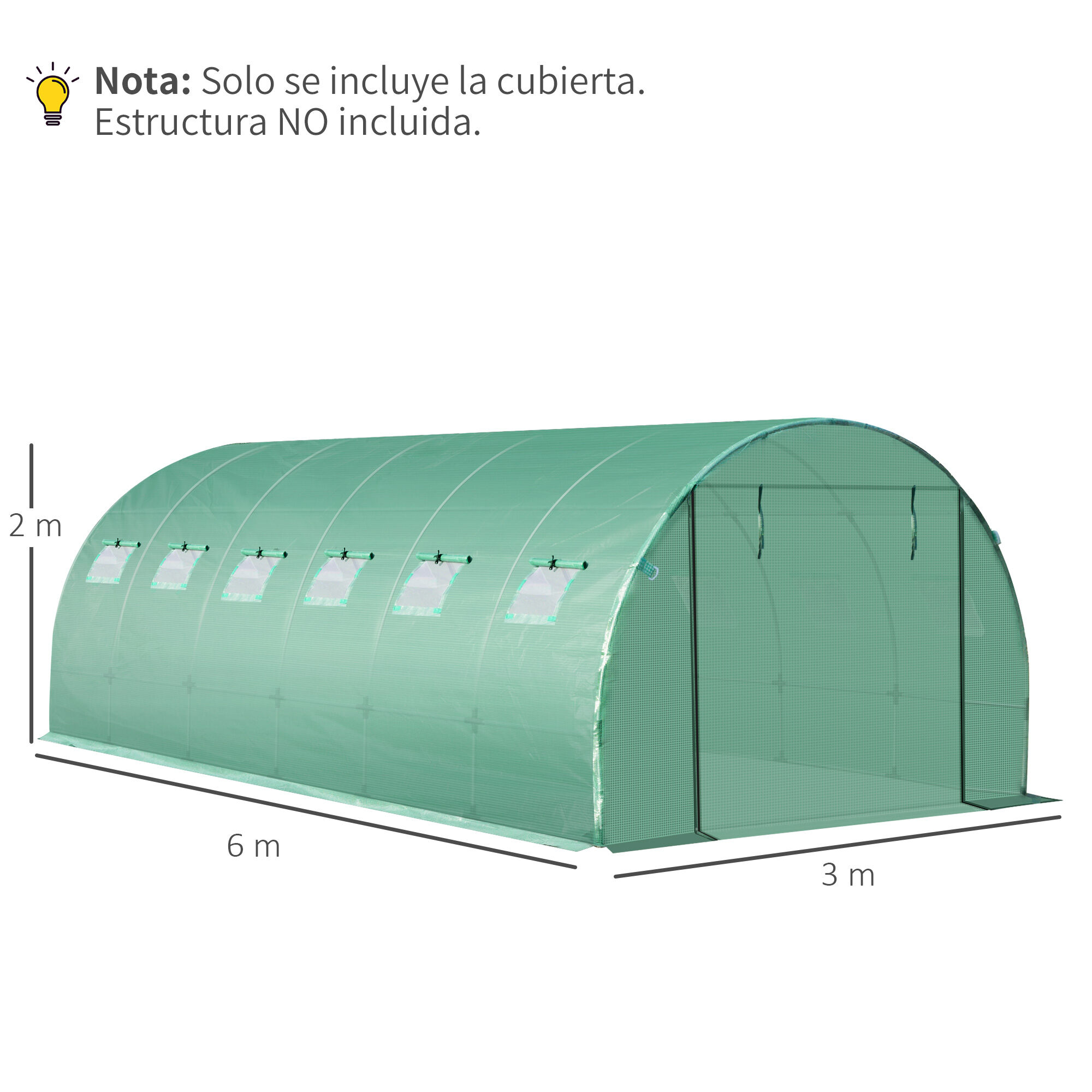 Outsunny Cubierta de Invernadero de T&uacute;nel 6x3x2 m Cubierta de Repuesto Invernadero Polietileno con 12 Ventanas y Puerta Enrollable Protecci&oacute;n de Plantas para Jard&iacute;n Verde, , large Imagen numero 3