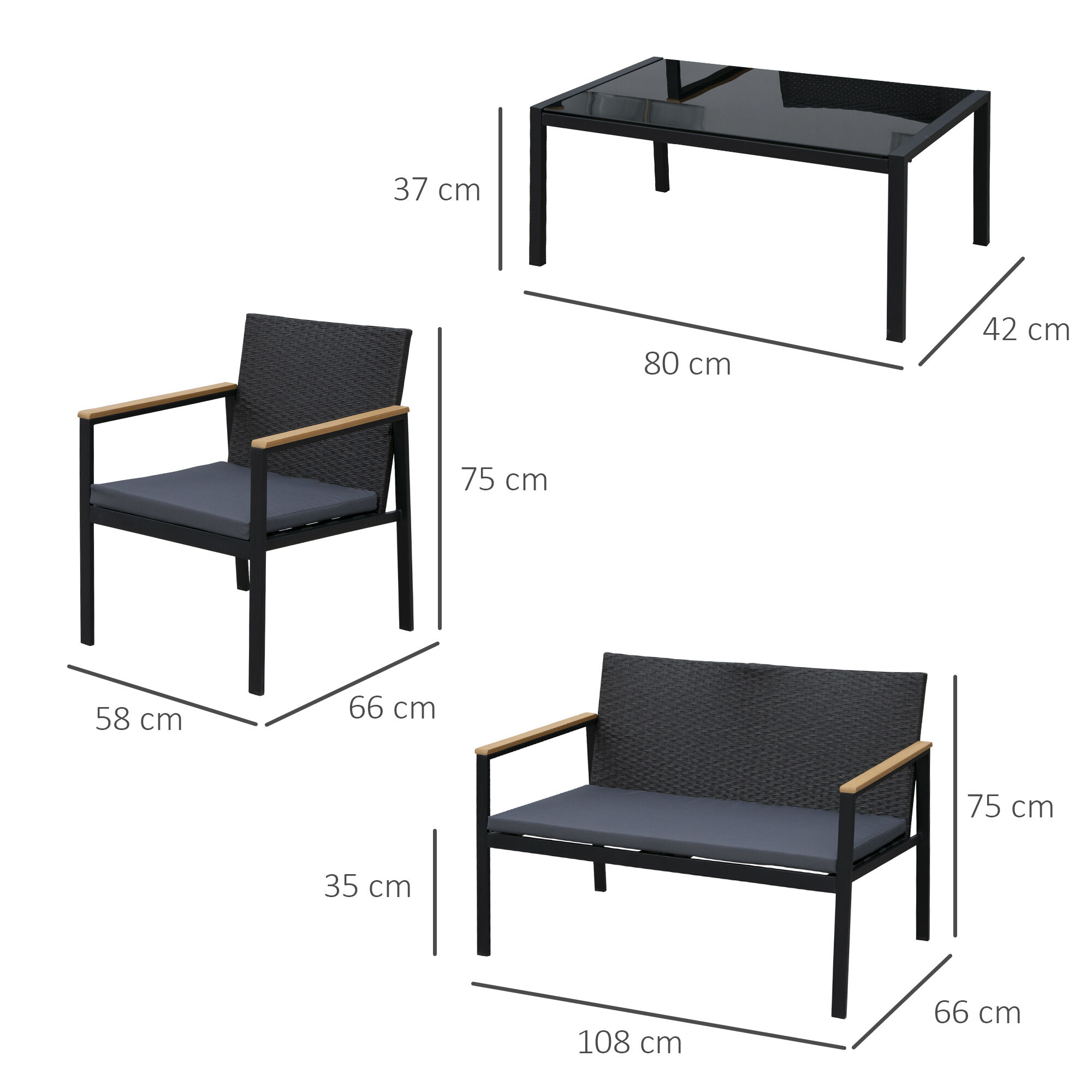 Outsunny Conjunto Muebles de Rat&aacute;n PE de 4 Piezas con Cojines 2 Sillones 1 Sof&aacute; Doble y Mesa de Centro para Jard&iacute;n Terraza Patio Negro y Gris, , large Imagen numero 3