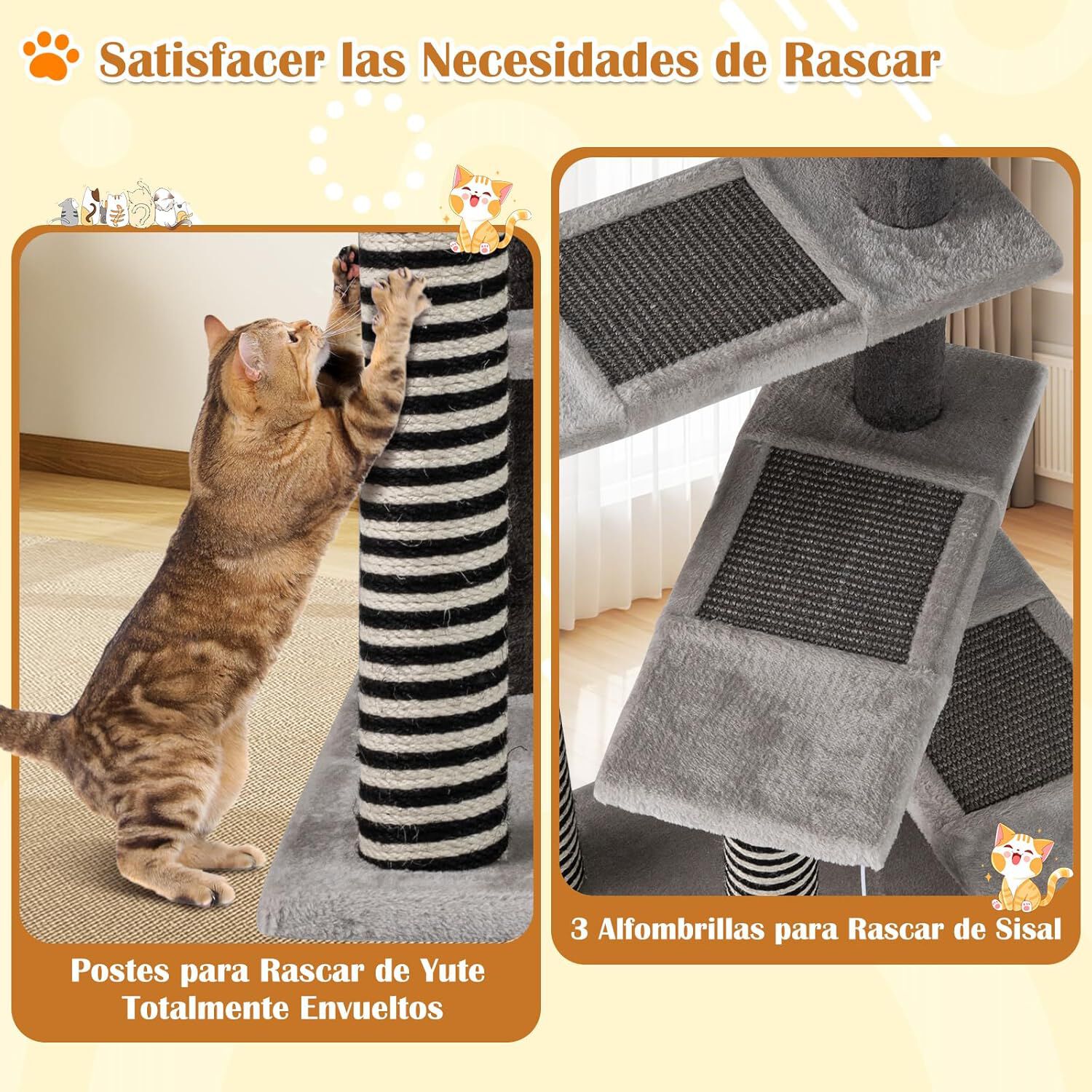 COSTWAY Rascador para Gatos, &Aacute;rbol Rascador para Gatos con 3 Plataformas para Ara&ntilde;ar, Alfombrillas, Repisa Acolchada, Pelotas Colgantes y con Resorte, 49 x 49 x 93 cm, Torre Gato para Escalar, Gris, , large Imagen numero 4